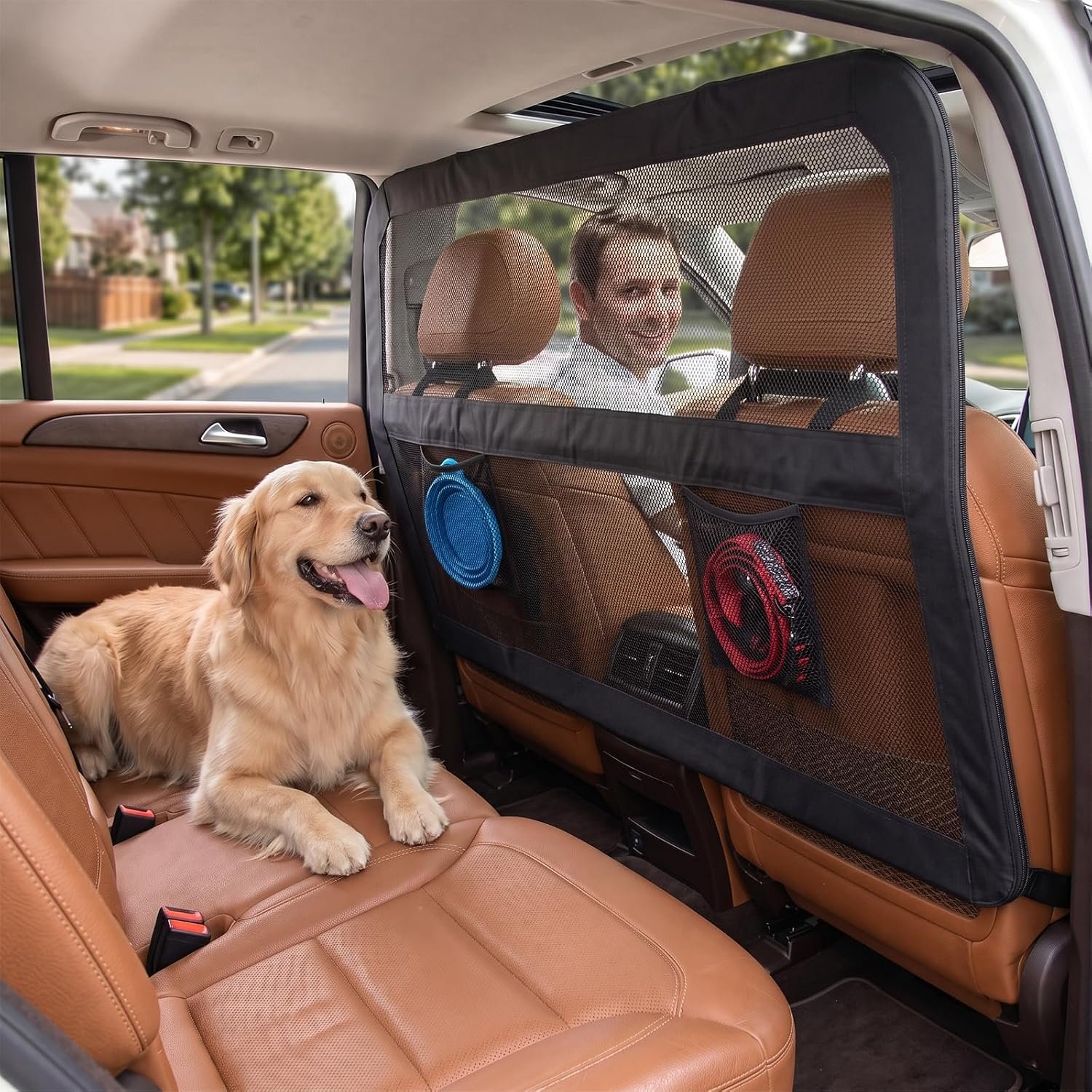 Dog Car Barrier for SUVs Trucks Sedans – 56″ Wide Pet Divider for Back Seat & Cargo Area, Heavy-Duty Metal Frame with Chew-Proof Transparent Mesh, Universal Fit Car Dog Gate for Travel Safety
