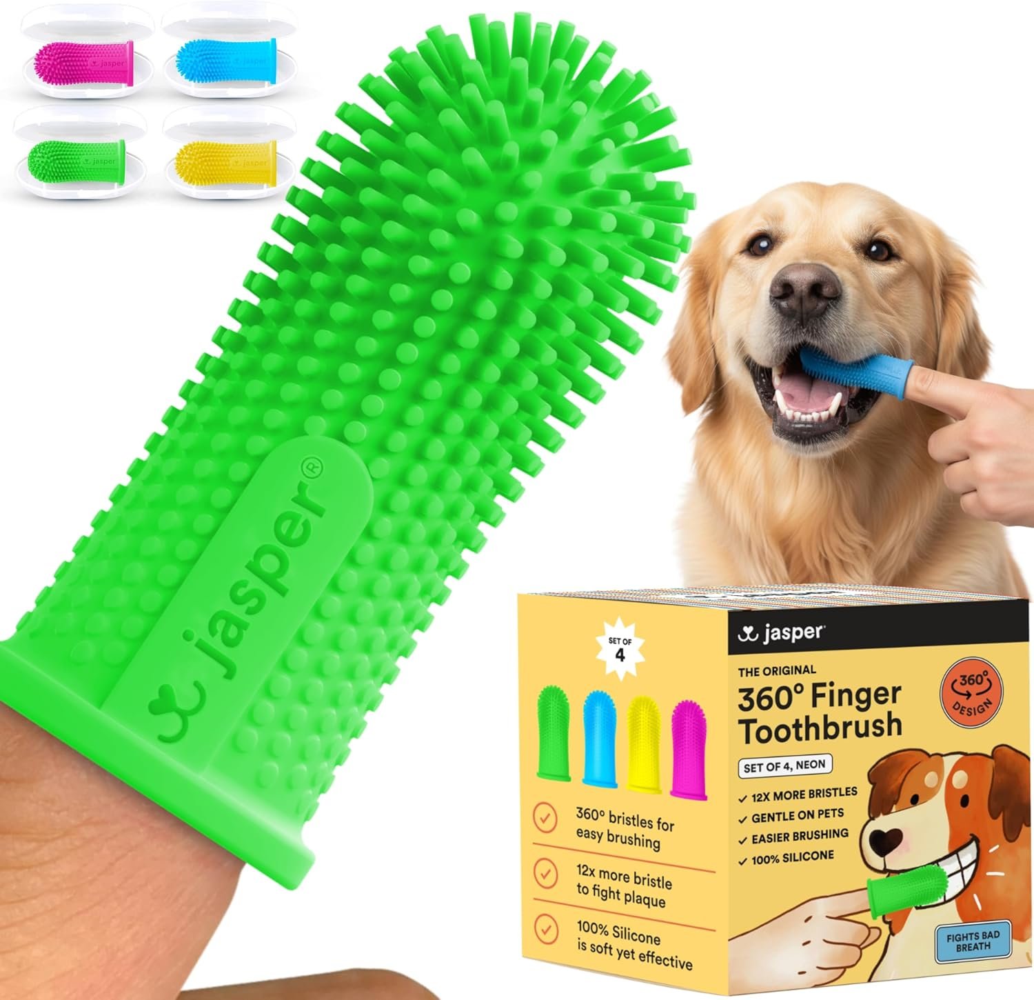 Jasper Dog Toothbrush, 360° Finger Toothbrush for Dogs & Cats, Neon 4-Pack