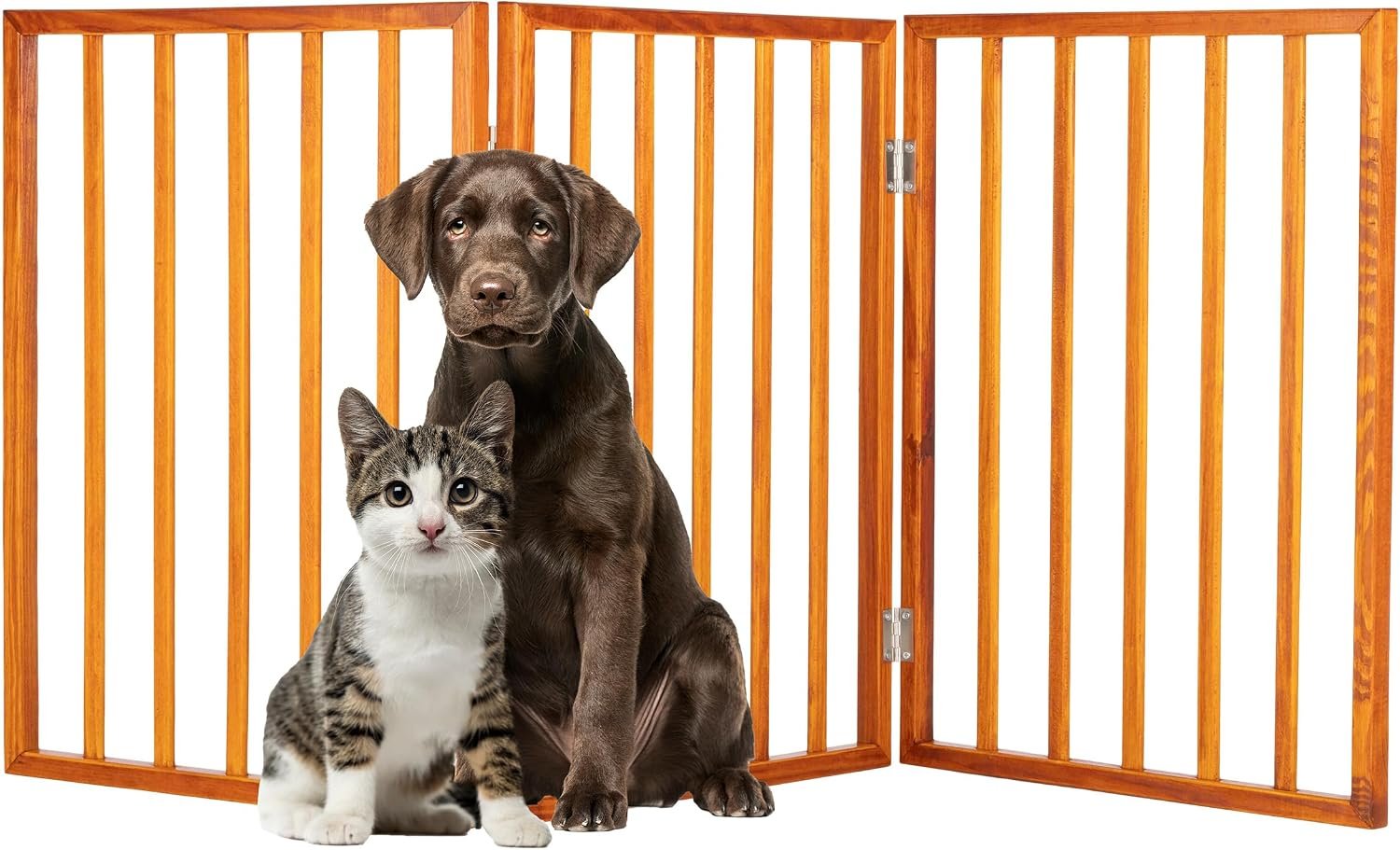 Pet Gate – 3-Panel Indoor Foldable Dog Fence for Stairs or Doorways – 54×24-Inch Retractable Wood Freestanding Dog Gates by PETMAKER (Mahogany)