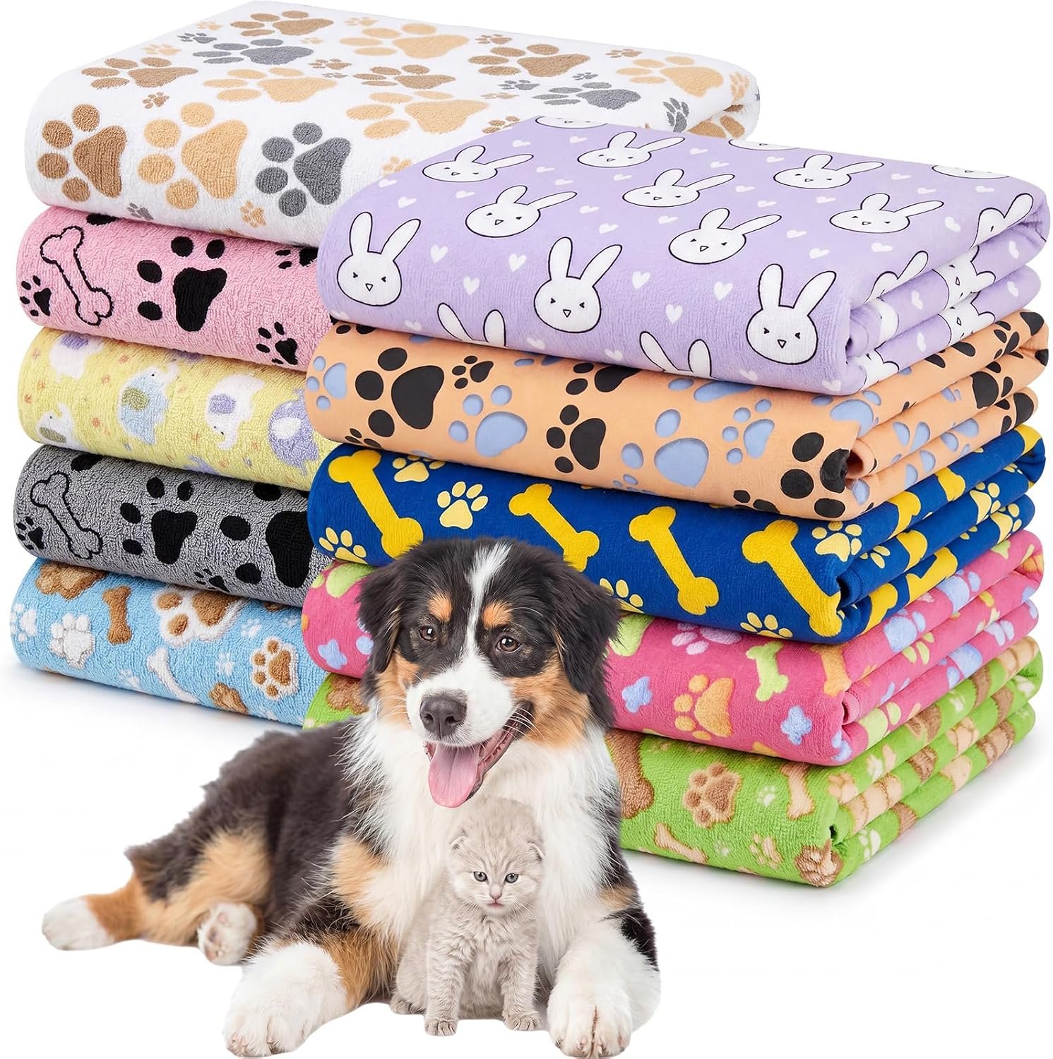 10 Pcs Dog Towels for Drying, 20″x40″ Quick Drying Microfiber Pet Bath Towel, Dog Grooming Absorbent Towel with Cute Pattern, Soft Bathrobe for Large Medium Small Puppy Cat