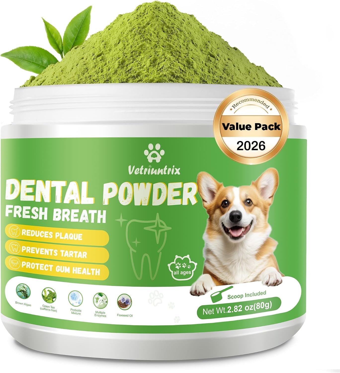 Dog Teeth Cleaning Powder, Dog Dental Powder for Teeth Cleaning and Dog Breath Fresh for Dogs with Probiotic & Tartar Remover, Plaque Off Dog Tooth Cleaning (80g)