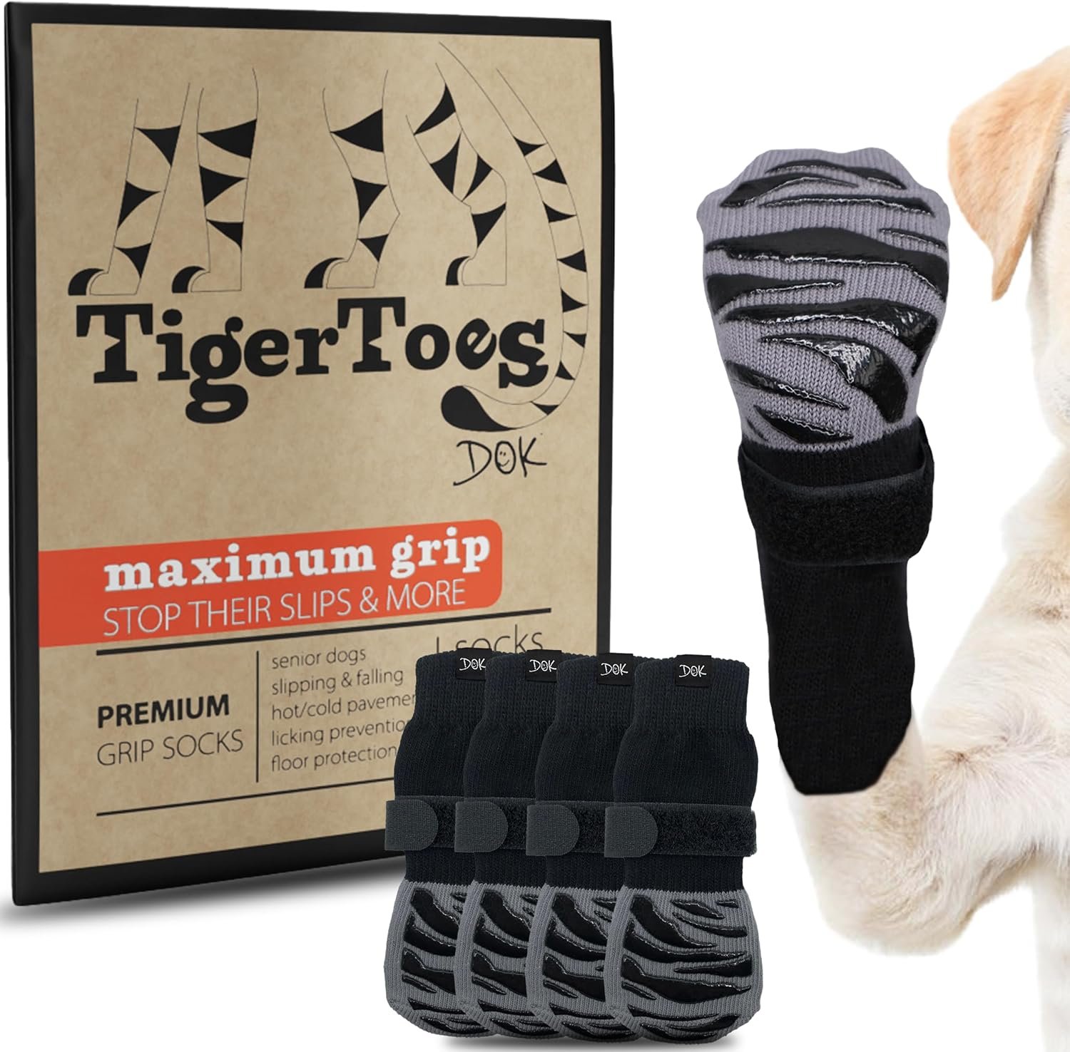 DOK TigerToes Premium Non-Slip Dog Socks for Hardwood Floors – Extra-Thick Grip that Works Even When Twisted – Prevents Licking, Slipping, and Great for Dog Paw Protection – Size Medium