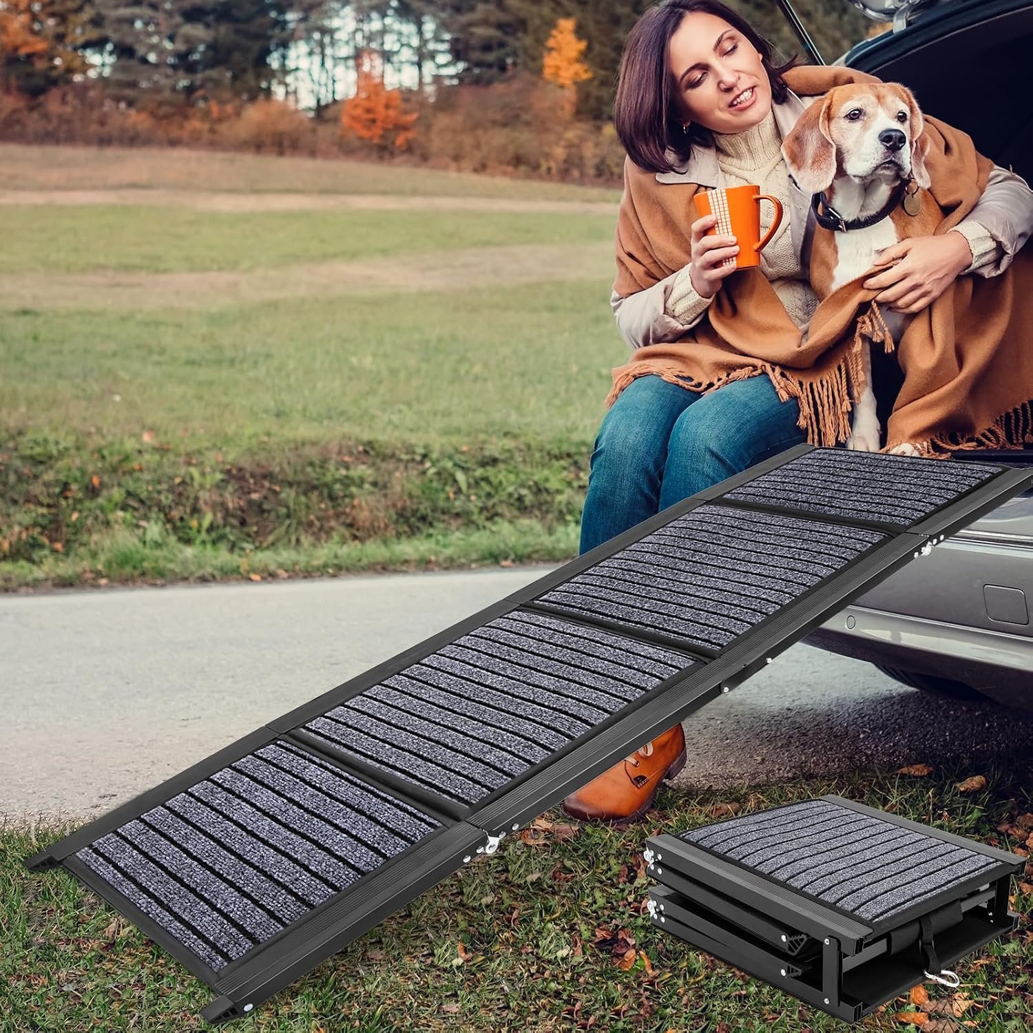 Folding Dog Ramp for Cars, 63″x17″ Large Dog Ramp for SUV & Truck, Non-Slip Surface & Side Handle, Portable Pet Ramp