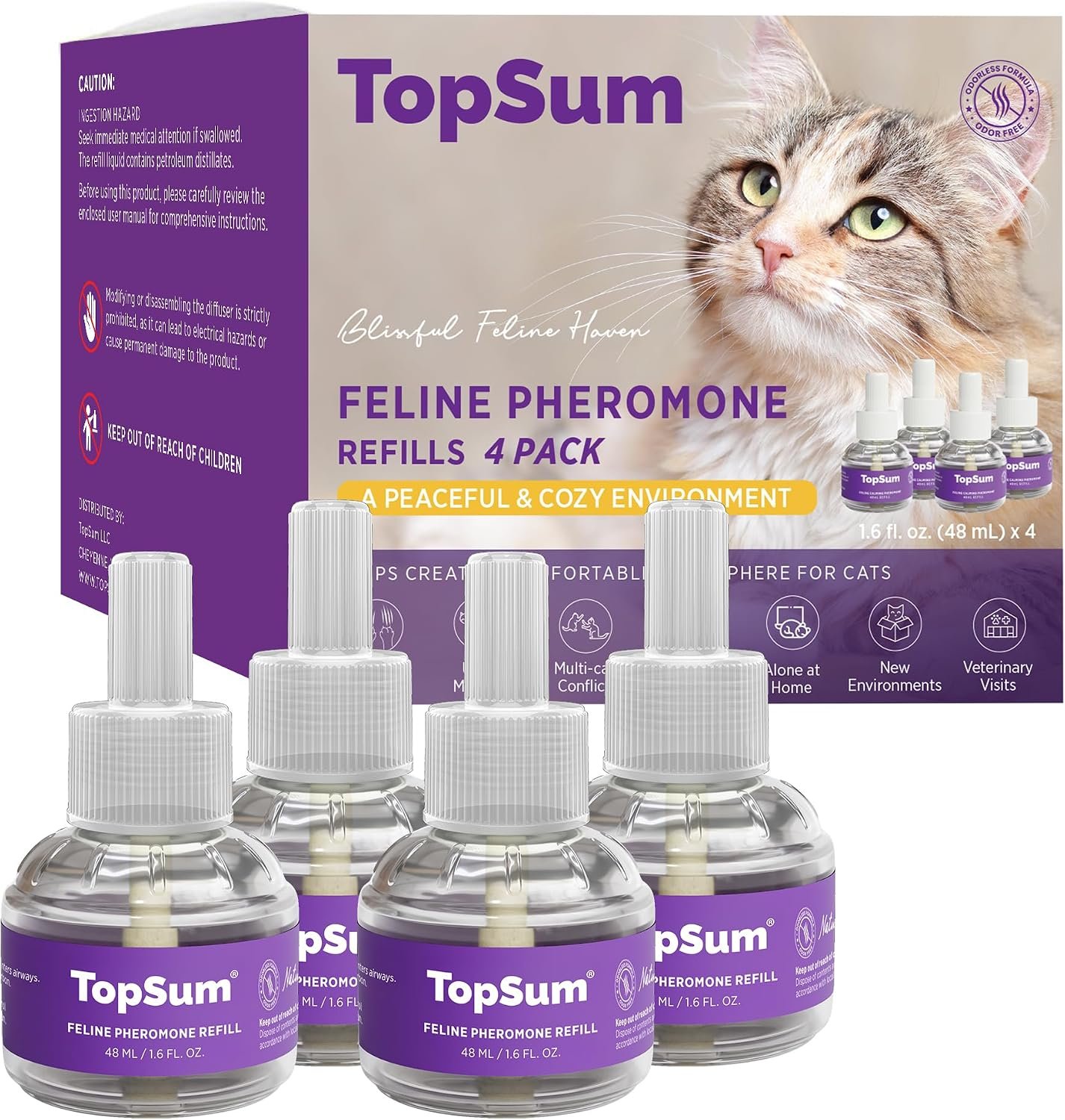 TopSum Cat Calming Pheromone Diffuser: Feline Pheromones Plug in for Stress, Alone At Home, Spraying, Fighting, Scratching, Aggression & Excessive Meowing (Purple– 4 Refills)
