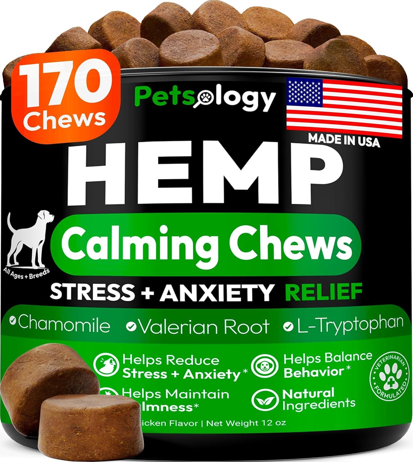 Hemp Calming Chews for Dogs – 170 Dog Calming Chews – Anxiety Relief Treats