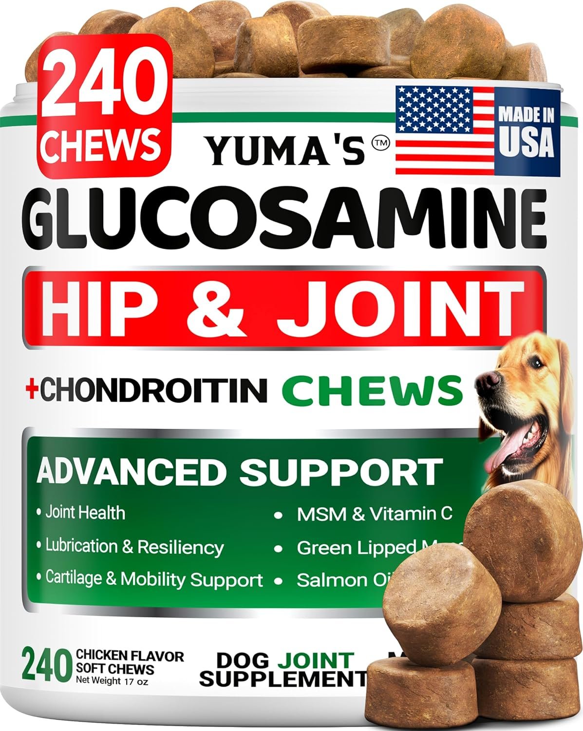 YUMA’S Glucosamine for Dogs – 240 Chews – Hip & Joint Supplement for Dogs