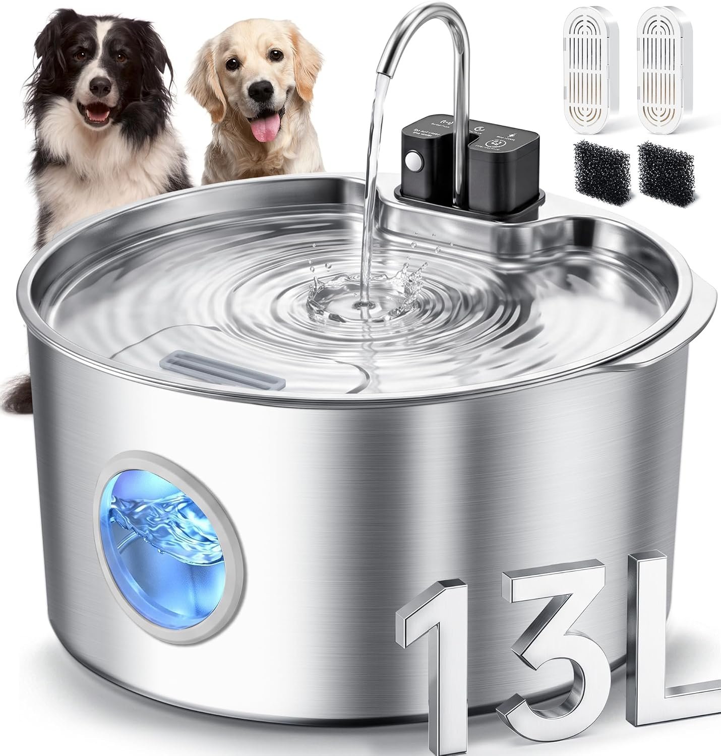 Large Cordless Dog Water Fountain Stainless Steel, 13L/3.4G, Spare 2 Filter