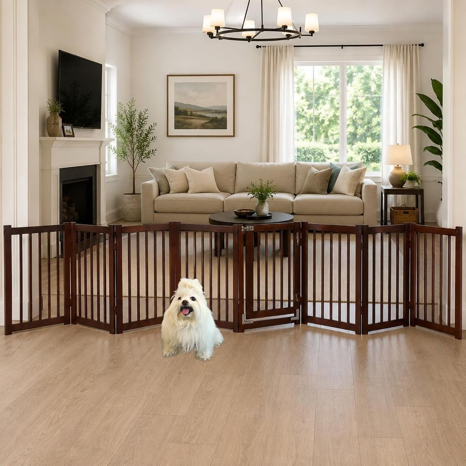 Extra Wide 8-Panel Freestanding Indoor Pet Gate with Door / 142″ W, 24″ H/Foldable, Solid Acacia Wood, Portable for Small Dogs, Cats, Animals, Room Divider, Kitchens, Playpen