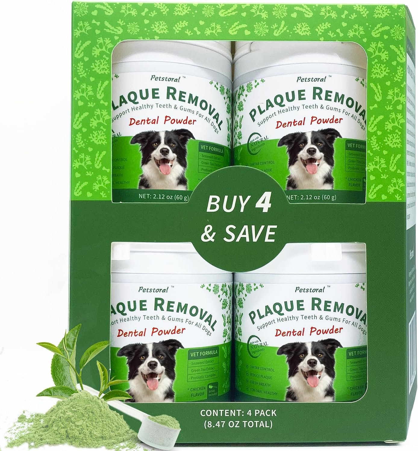 Petstoral 4-Pack Natural Dog Dental Powder for Plaque Removal