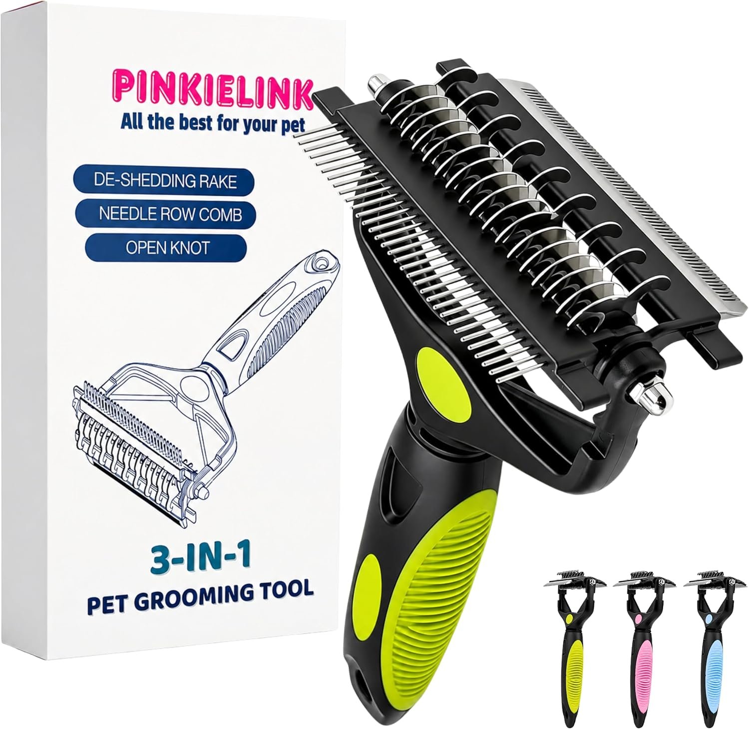 3-IN-1 Pet Grooming Tool – Undercoat Rake, Dematting Comb & Deshedding Brush for Cats, Dogs, Horses – Removes Mats, Tangles & Loose Fur, Reduces Shedding & Prevents Hair Mess (Green)