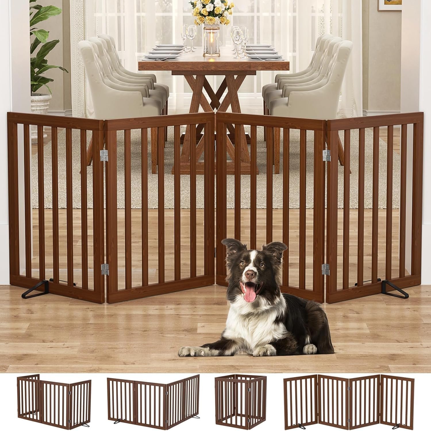 Homykic Freestanding Dog Gate Indoor, 75”W X 24”H Bamboo Pet Gate, Walnut