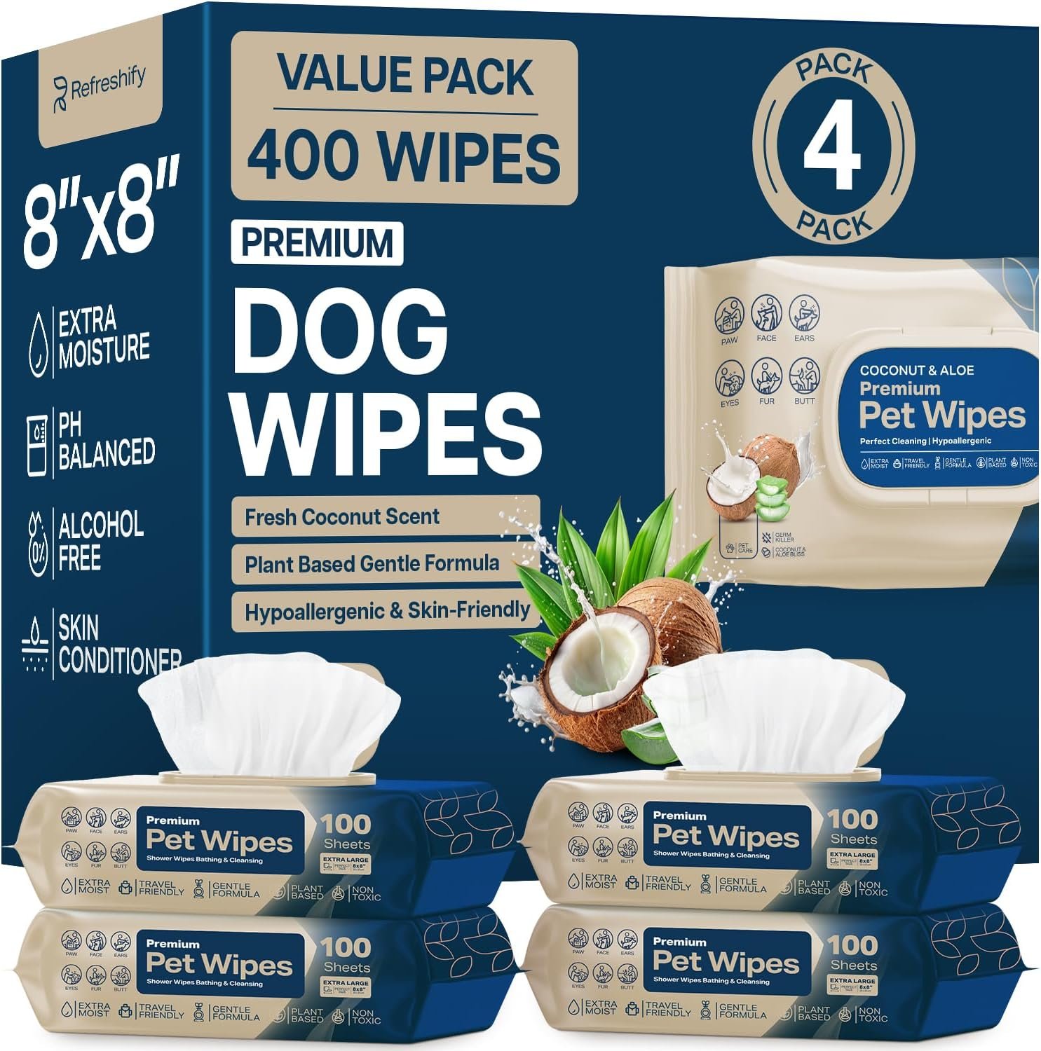 REFRESHIFY Dog Wipes for Paws and Butt – Coconut Scented (Pack of 400) – Pet Wipes for Dogs and Cats – Deodorizing Non Toxic Dog Wipes, +12 Additional Travel Wipes