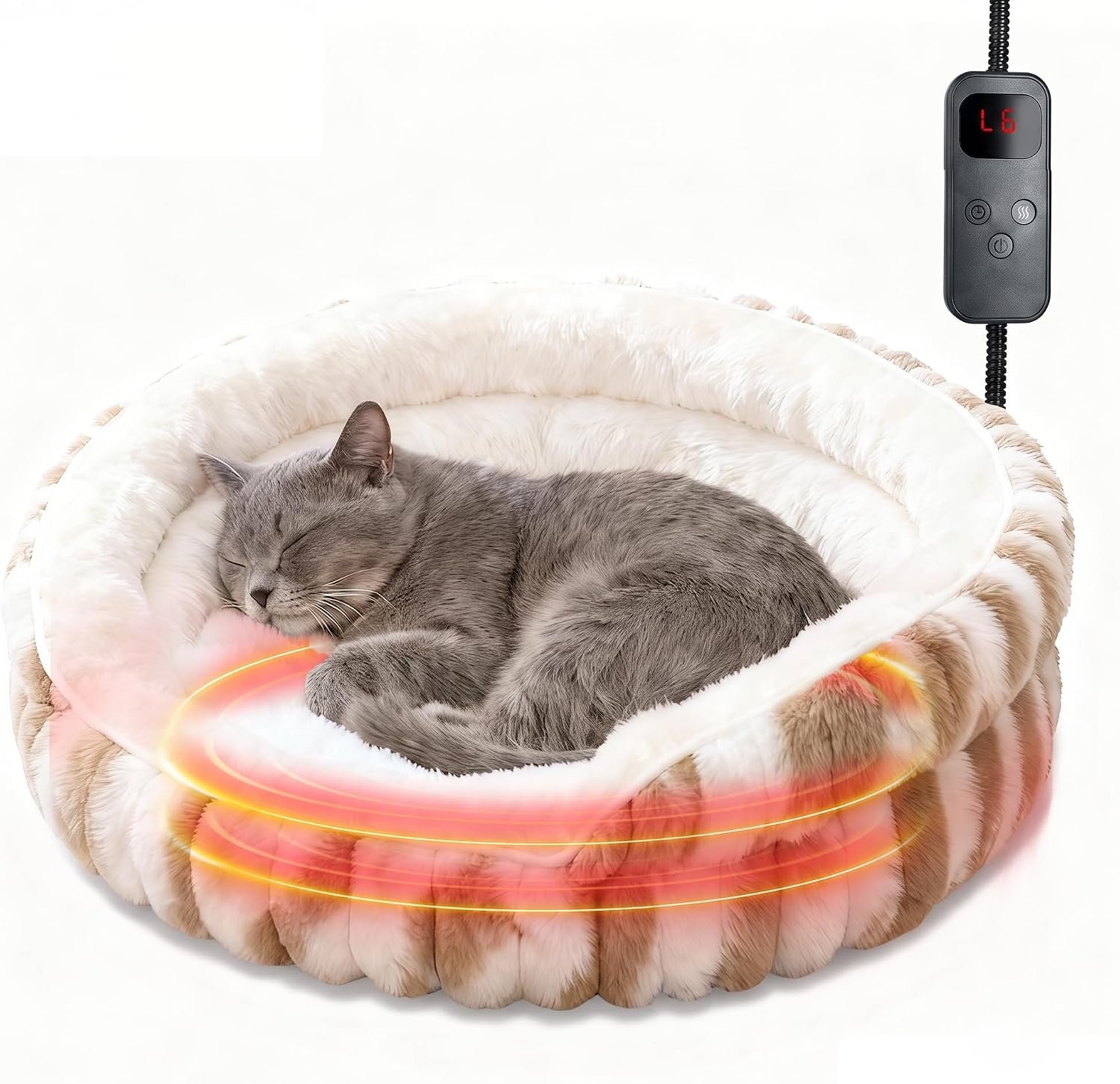 Cat Heated Bed, Electric Washable Pet Bed for Indoor Cats Small Dogs, Anti-Bite & Waterproof Design Deep Sleep Calming Thermal Bed with Adjustable Heating Pad,51×51×17cm