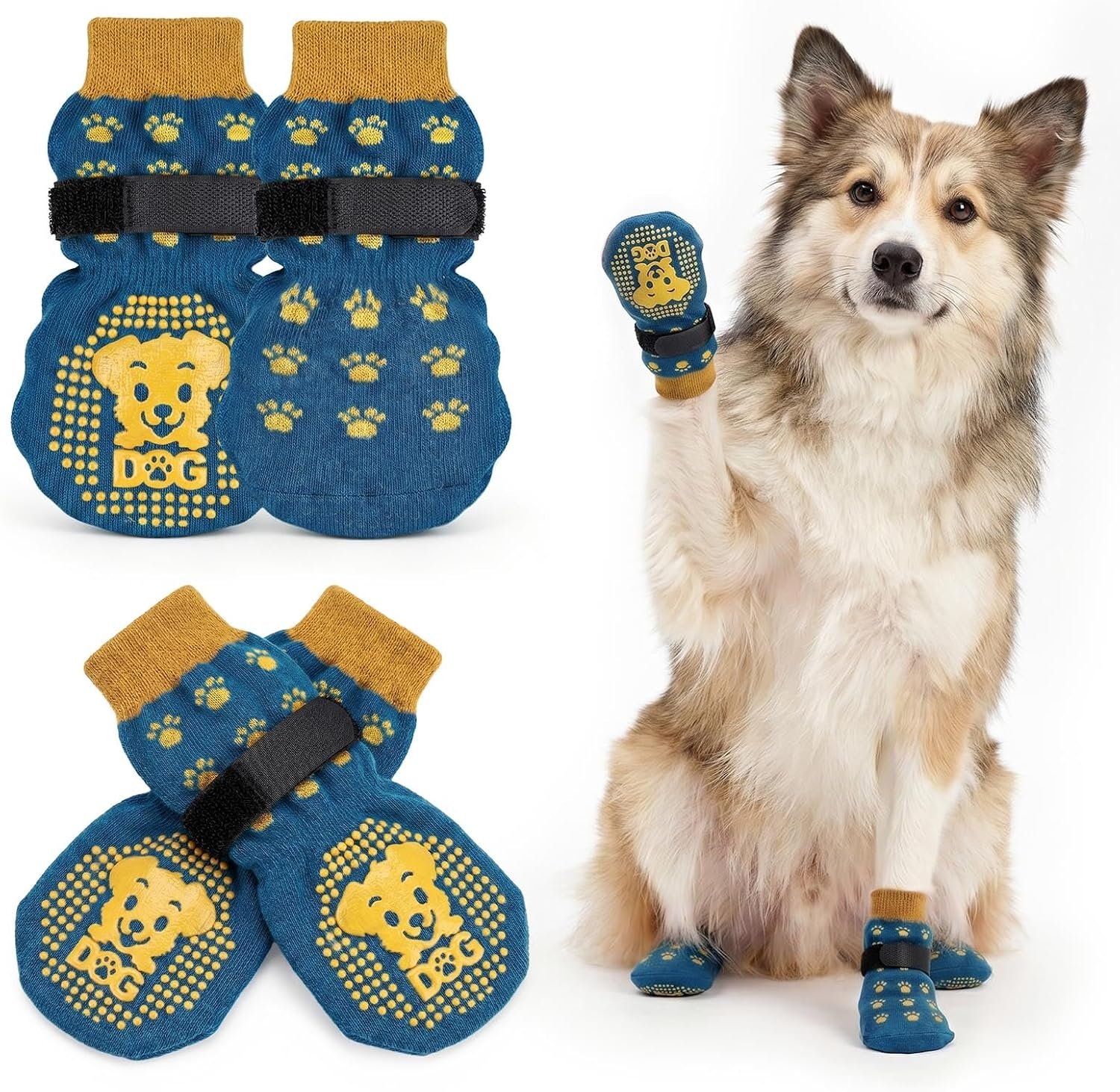 4 Pack Cute Paw Print Non-Slip Dogs Socks for Outdoor Protection, Dark Blue Breathable Pet Grip Socks & Anti-Skid Sillicone for Outdoor Anti-Slip, Puppy Booties for Indoor Hardwood Floors, M Size