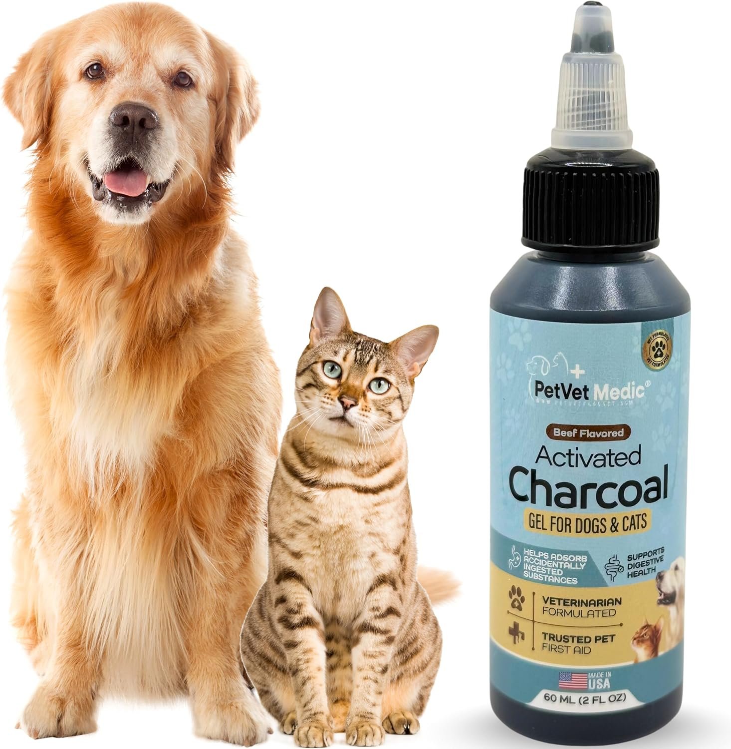 Activated Charcoal for Dogs & Cats Gel, Beef Flavor, Made in USA, 60ml Bottle