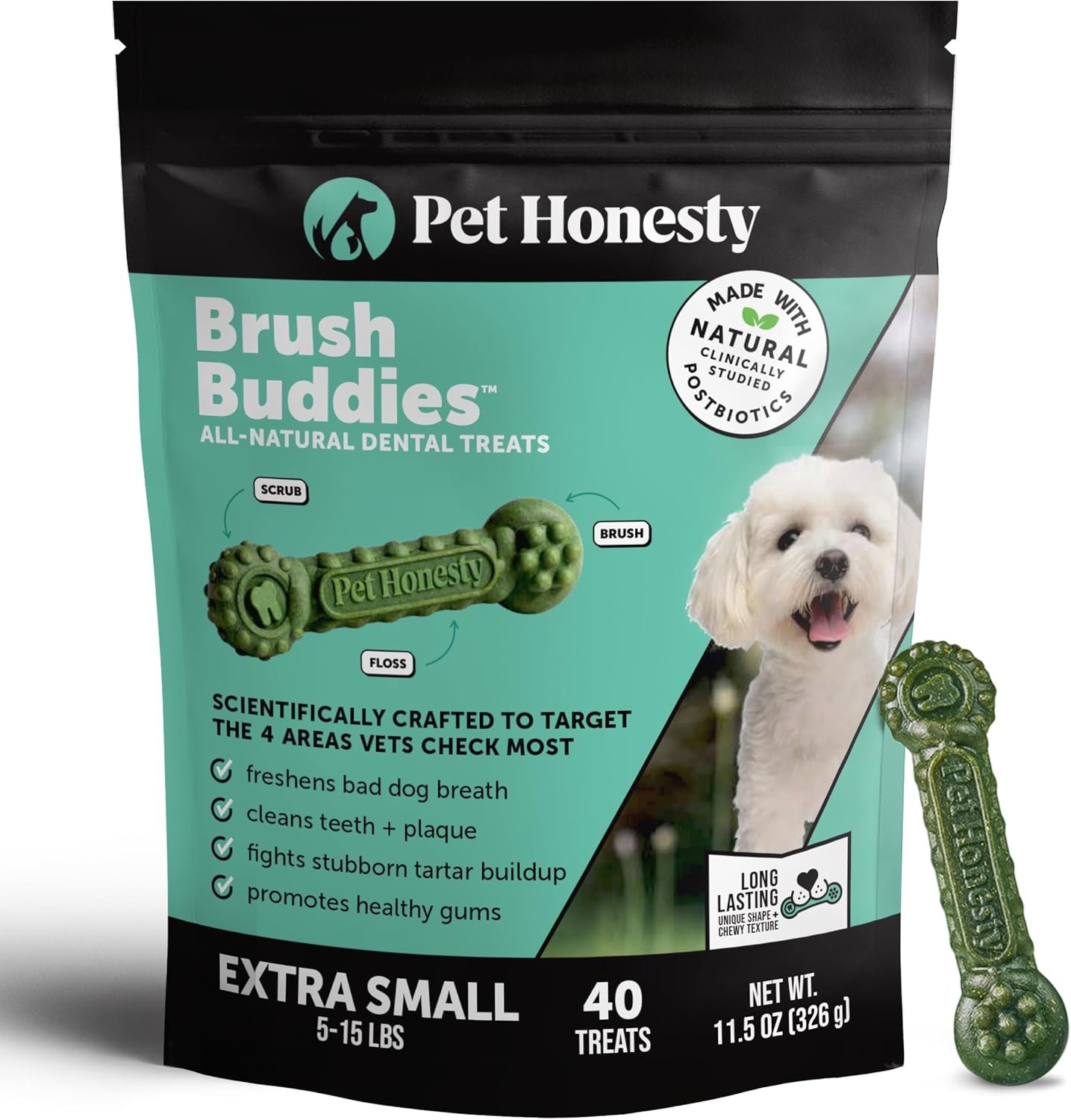 Pet Honesty Brush Buddies Vet Backed Dog Dental Chews, 40 Count