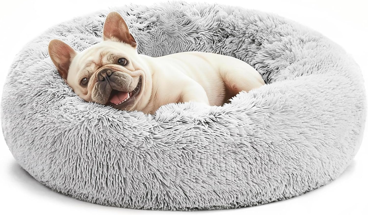 Love’s cabin Calming Cat Bed for Indoor Cats, Anti-Anxiety Donut Round Dog Bed, Fluffy Faux Fur Washable Pet Bed for Small Medium Dogs and Cats, Grey, 20in