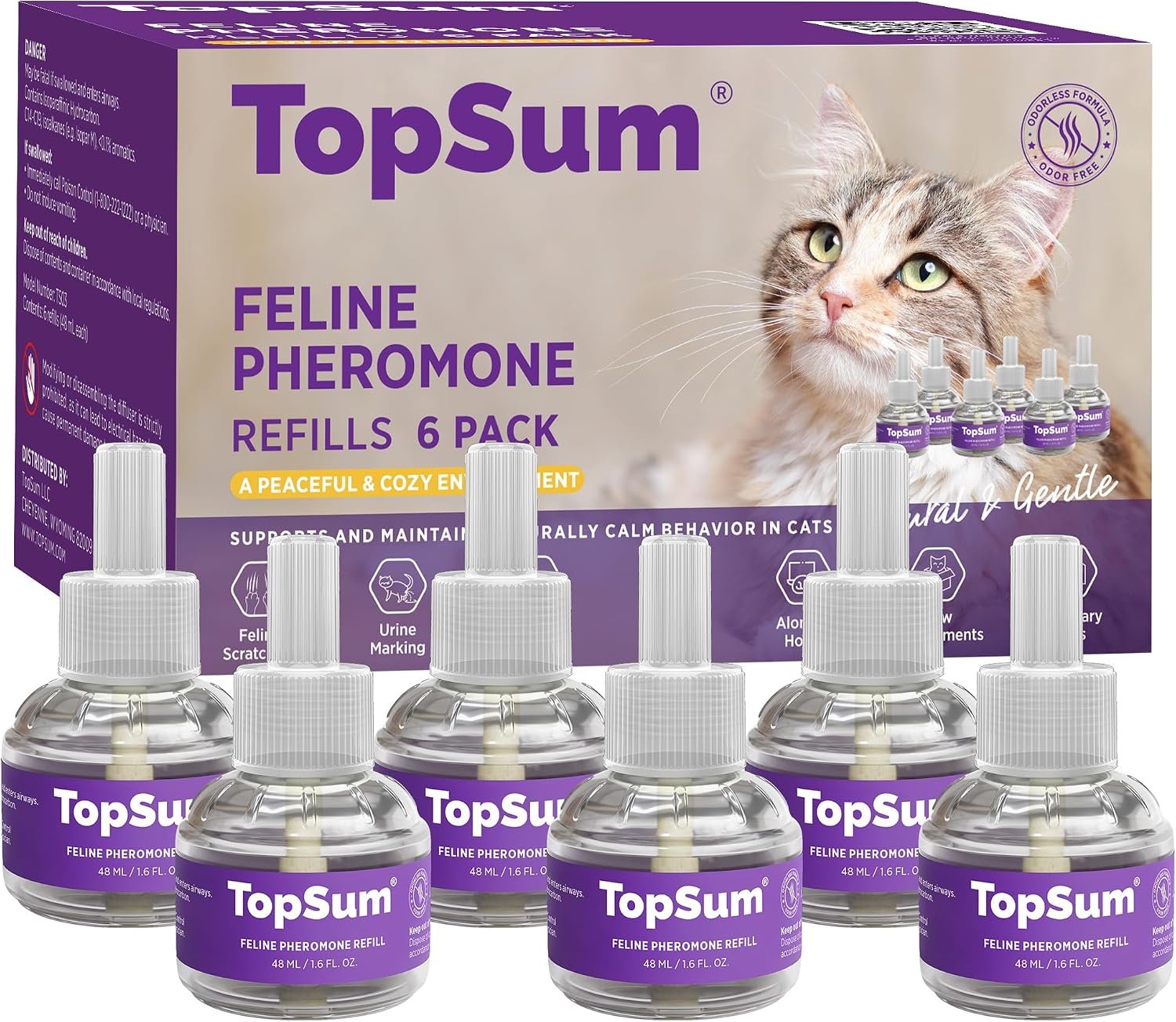 TopSum Cat Calming Pheromone Diffuser: Feline Pheromones Plug in for Stress, Alone At Home, Spraying, Fighting, Scratching, Aggression & Excessive Meowing (Purple– 6 Refills)