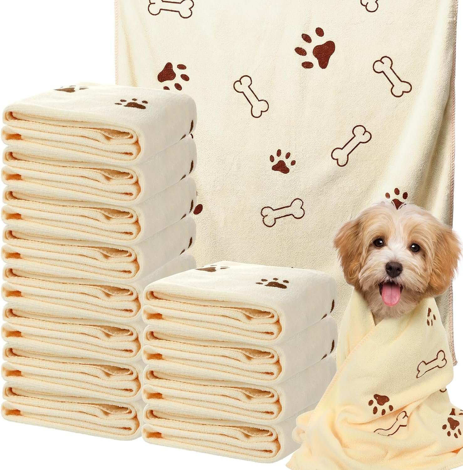 Irenare 12 Pack Dog Bath Towel Set 20” x 39” Microfiber, Beige