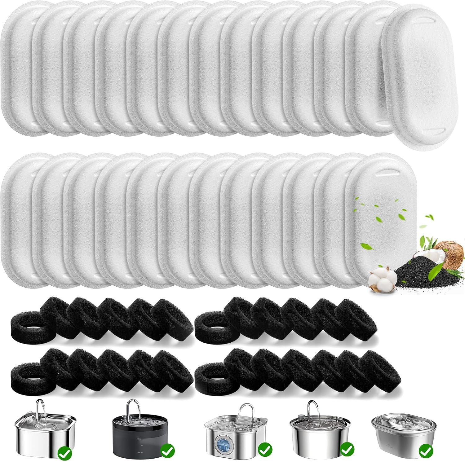 50 Pack Cat Water Fountain Filters for Stainless Steel Pet Water Dispenser