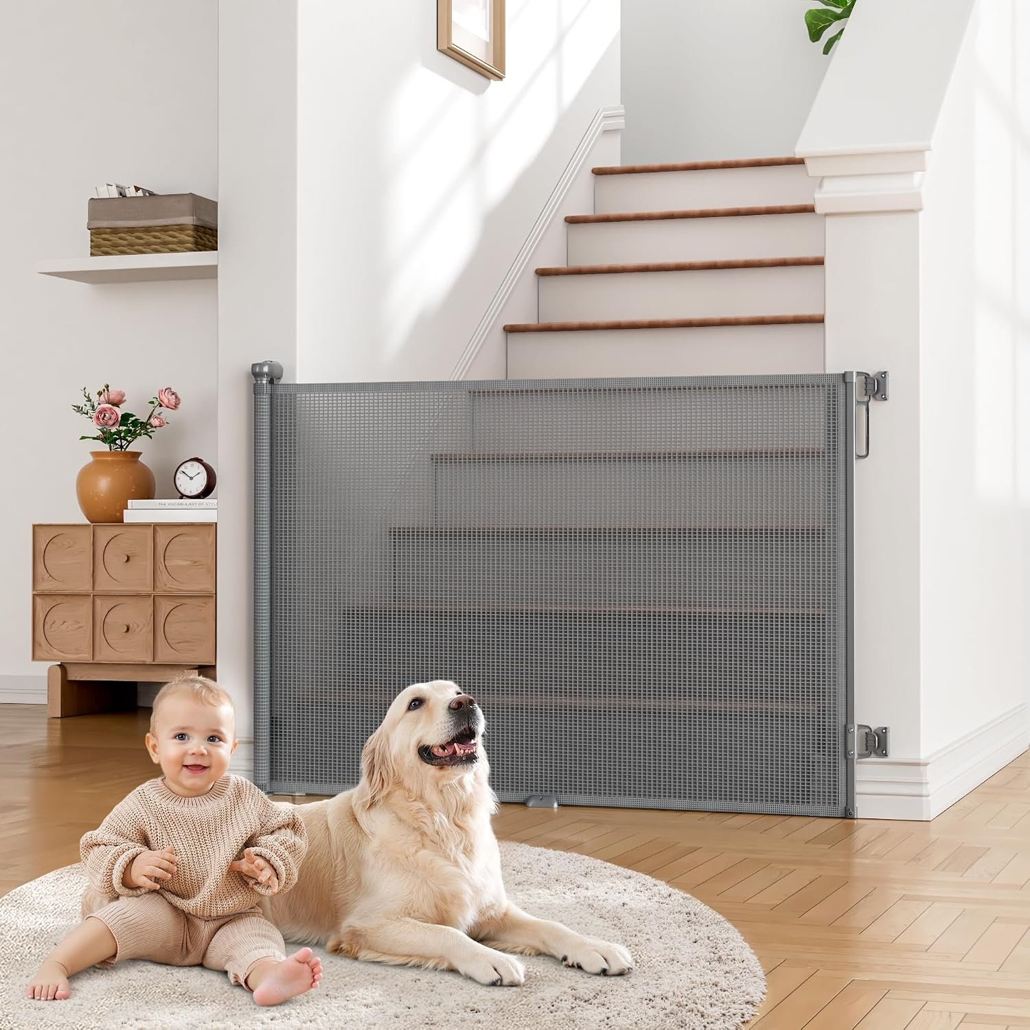 Retractable Baby Gate for Stairs, Dog Gate Indoor 55″ Wide × 34″ Tall Gray.