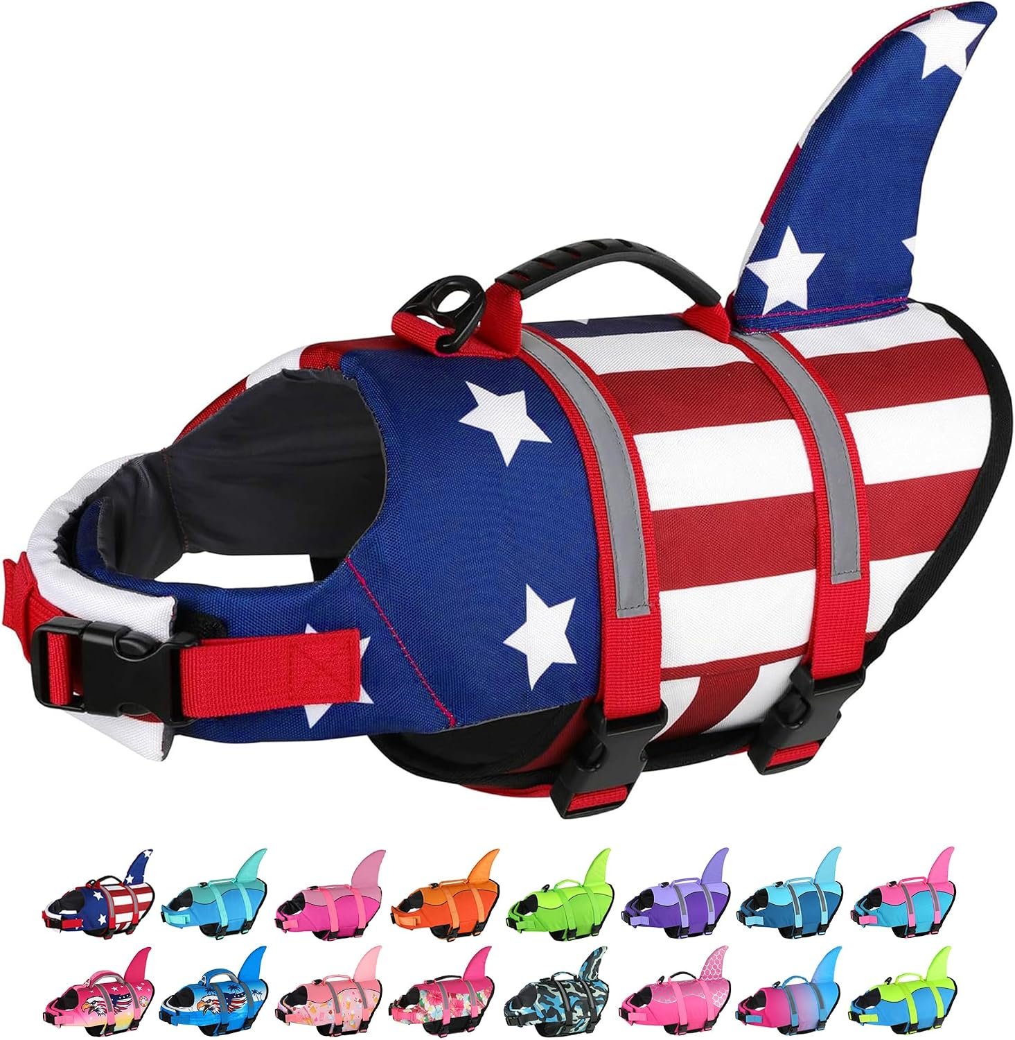 Dogcheer Dog Life Jacket Shark, American Flag Dog Life Vest with Reflective Stripes & Rescue Handle, Adjustable High Buoyancy Puppy Swim Float Vest for Small Medium Large Dogs – USA Flag, M