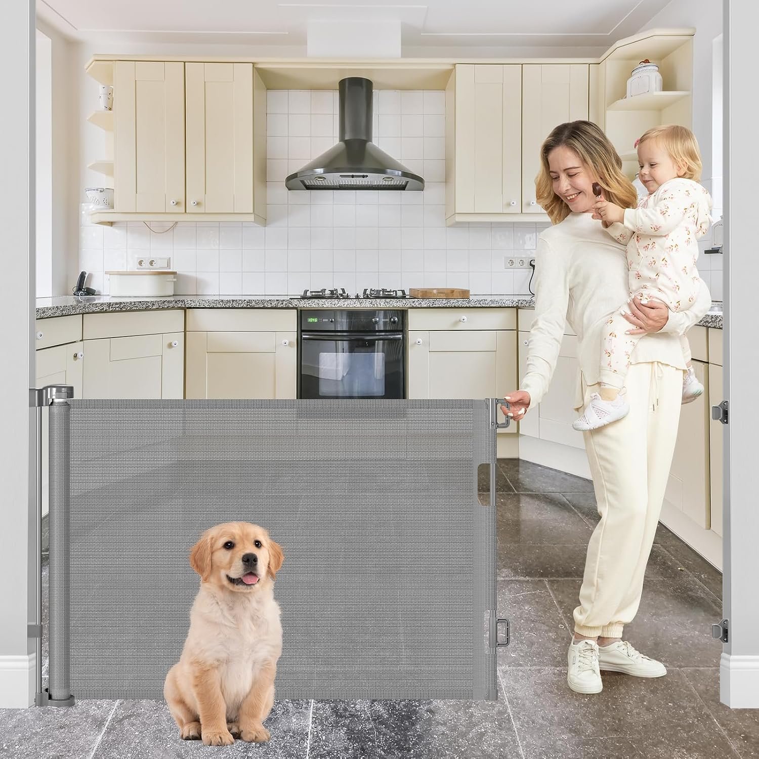 BETERTEK 80 Inch Wide Retractable Baby Gates for Dogs Indoor, Anti-Scratch Mesh Pet Gate for Doorways, 33” Tall Retractable Outdoor Gate for Decks, Anti-Climb Safety Mesh Gates for Kids or Pets, Gray