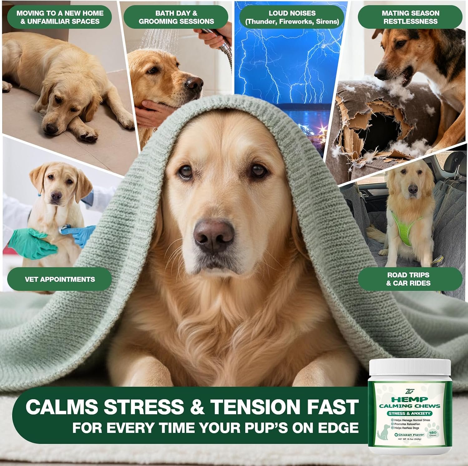 Calming Chews for Dogs, Dog Calming Chews, Anxiеty Rеlief Treats – Helps with Separation, Strеss Rеlief, Dog Treats with Valerian Root, L-Tryptophan 120 Softs Chews