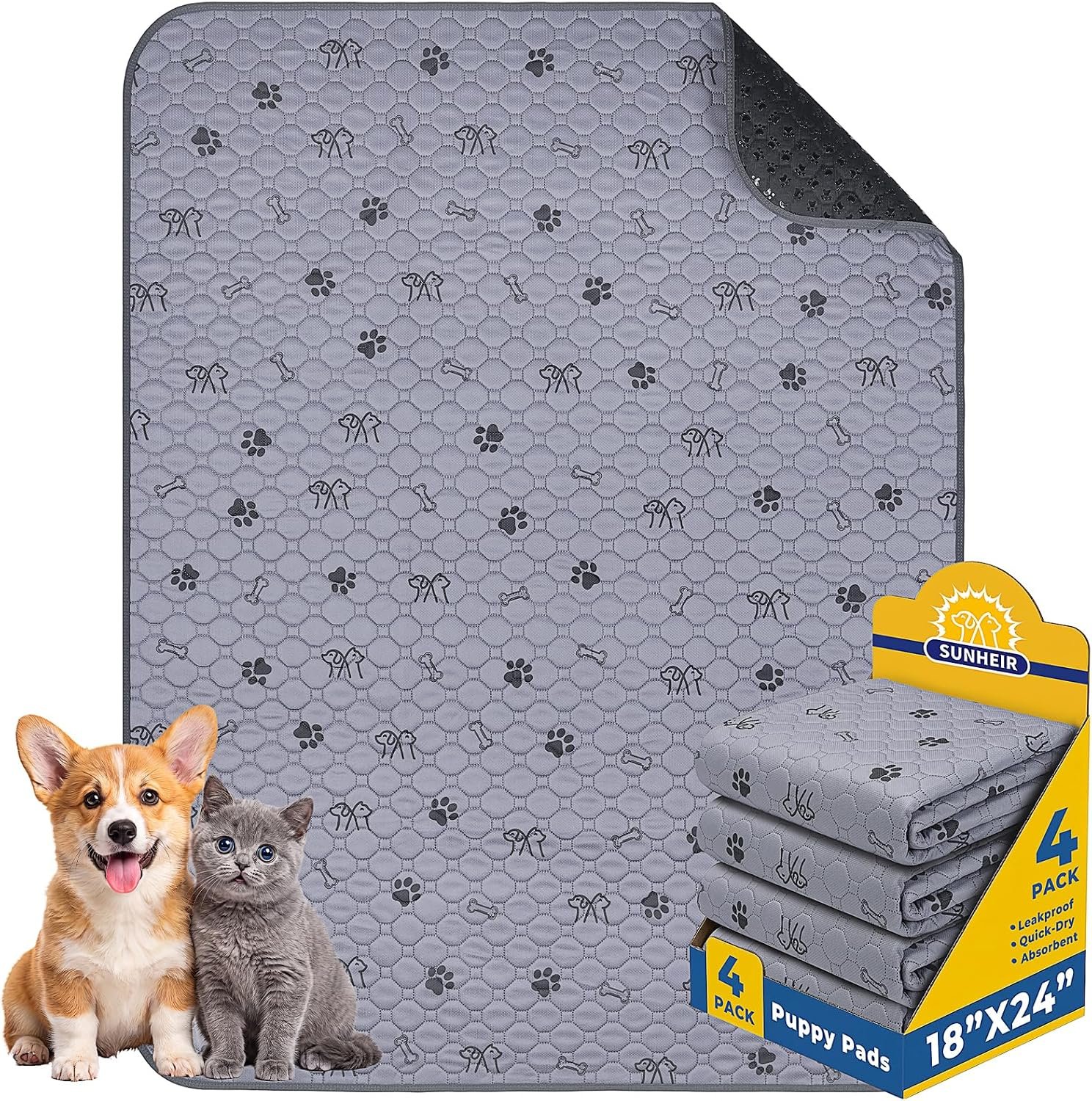 Sunheir 4 Pack Washable Pee Pads for Dogs, Waterproof Reusable Puppy Pads