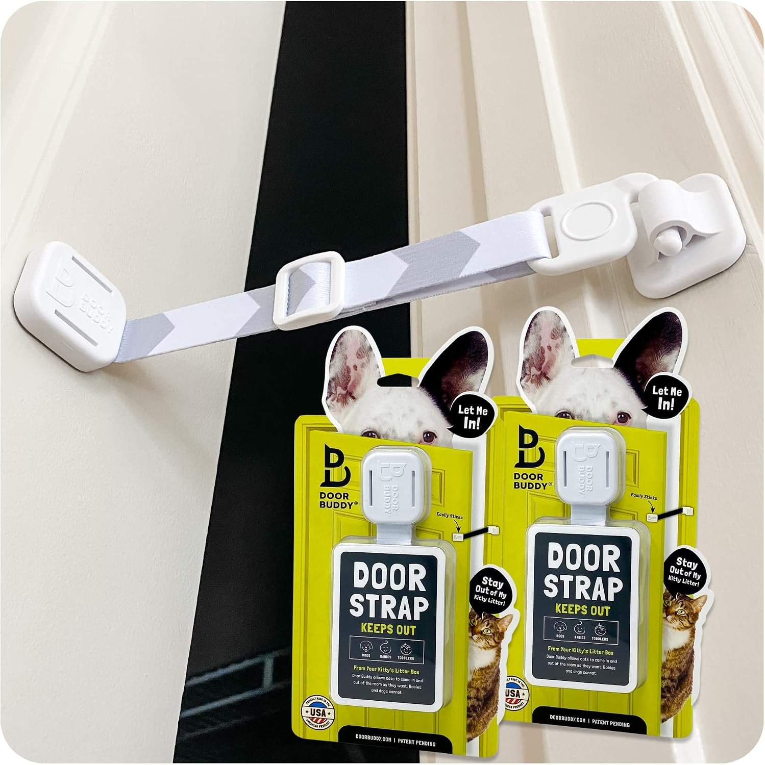 Door Buddy Door Latch for Cats – Grey 2 Pack. Pet Door Holder to Dog Proof Litter Box & Keep Dog Out of Cat Food. Easier Interior Cat Door or Gate Alternative. Adjustable Door Strap for Pets.