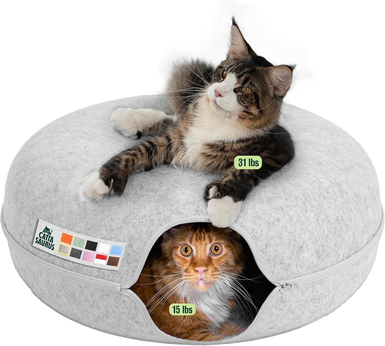 Cattasaurus Peekaboo Cat Cave Donut for Multiple & Large Cats up to 30-45 lbs, 3-in-1 Self Warming Cat Bed, Tunnel & Scratcher for Indoor Cats, Washable & Detachable Small Dog Bed (Light Gray, Jumbo)