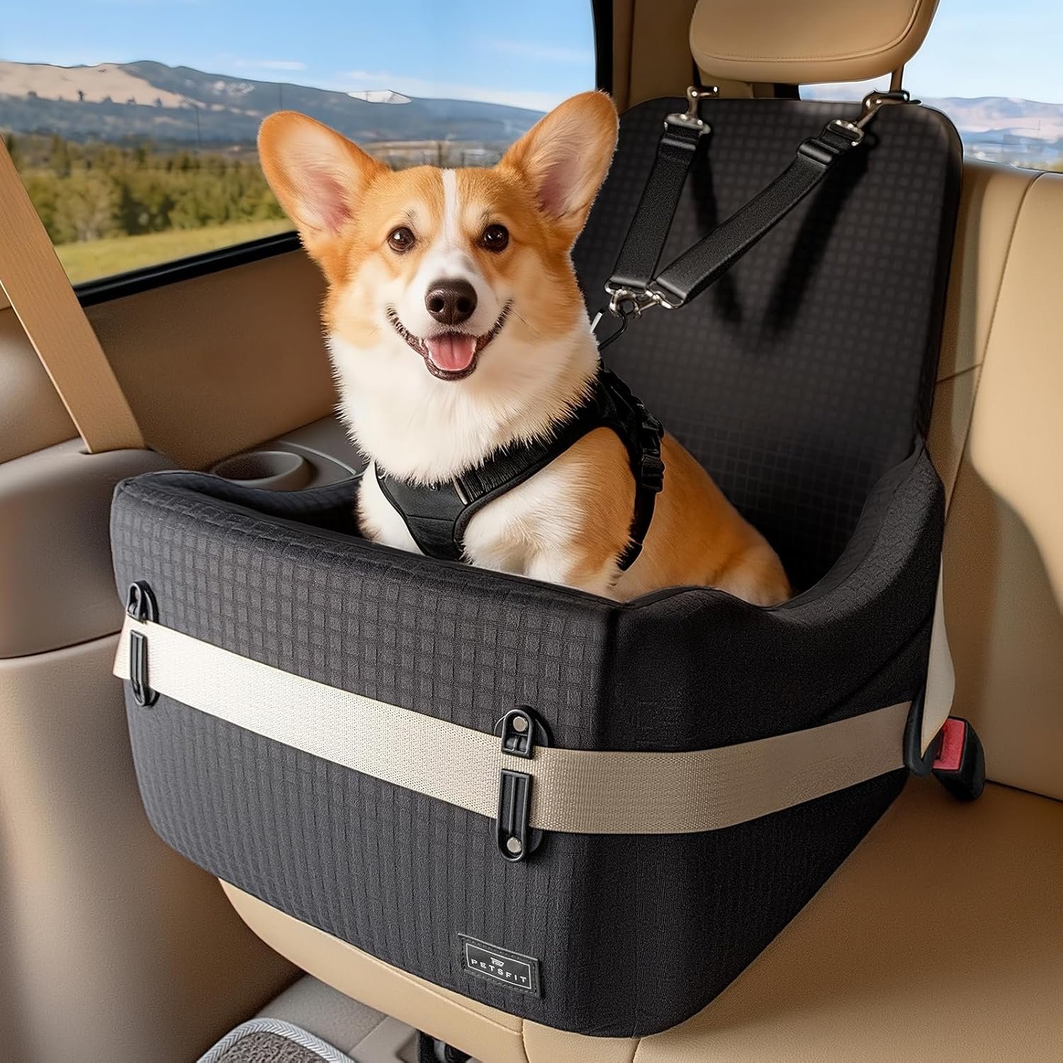 PETSFIT Dog Car Seat with Patented Safety System, 5″ Elevated Cushion