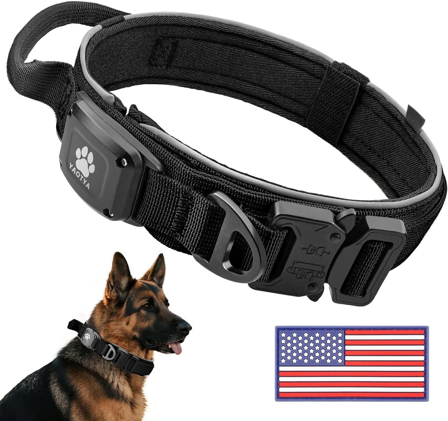 Tactical Dog Collar with IPX8 Waterproof AirTag Holder (Black/XL)