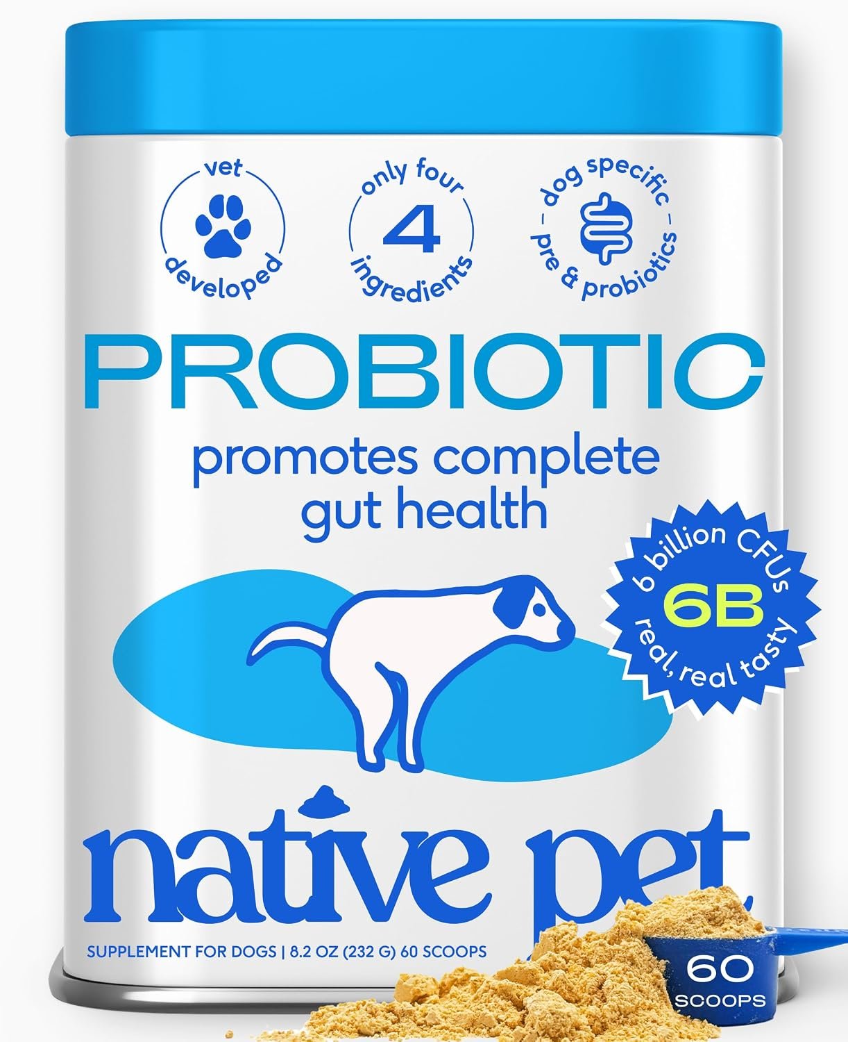 Native Pet Probiotics for Dogs – Dog Probiotic Powder for Gut & Digestive Health, Vet-Formulated 6B CFUs Dog-Specific Probiotic Strains, Supports Stool Quality & Diet Transitions – 60 Scoops