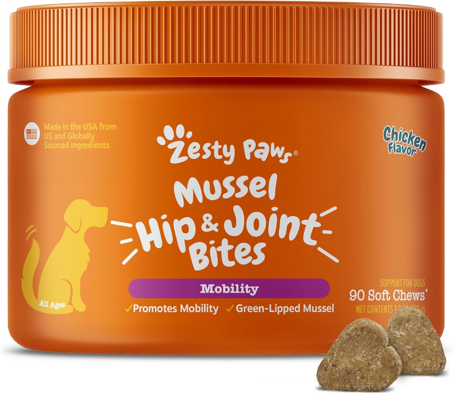 Zesty Paws Mussel Mobility Bites for Dogs – New Zealand Green Lipped Mussel with Natural Glucosamine & Chondroitin + Omega-3 Fatty Acids – Hip & Joint Support Supplement Soft Chews – 90 Count