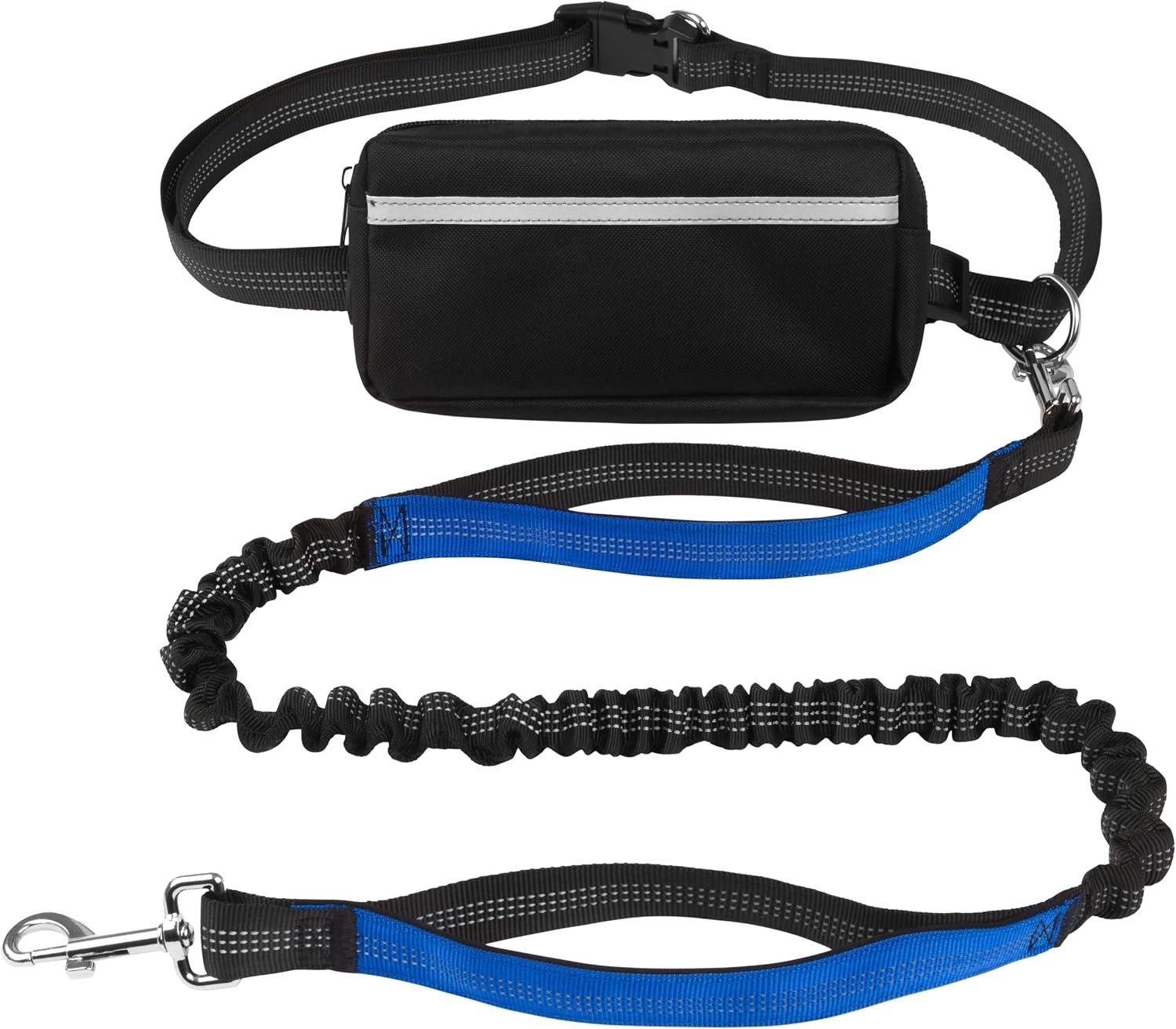 Hands Free Dog Leash with Waist Belt & Large Zipper Pouch, Waist Leash for Dog Walking, Running & Hiking, Reflective Stitching & Dual Padded Handles, Ideal for Medium to Large Dogs (Black Blue)