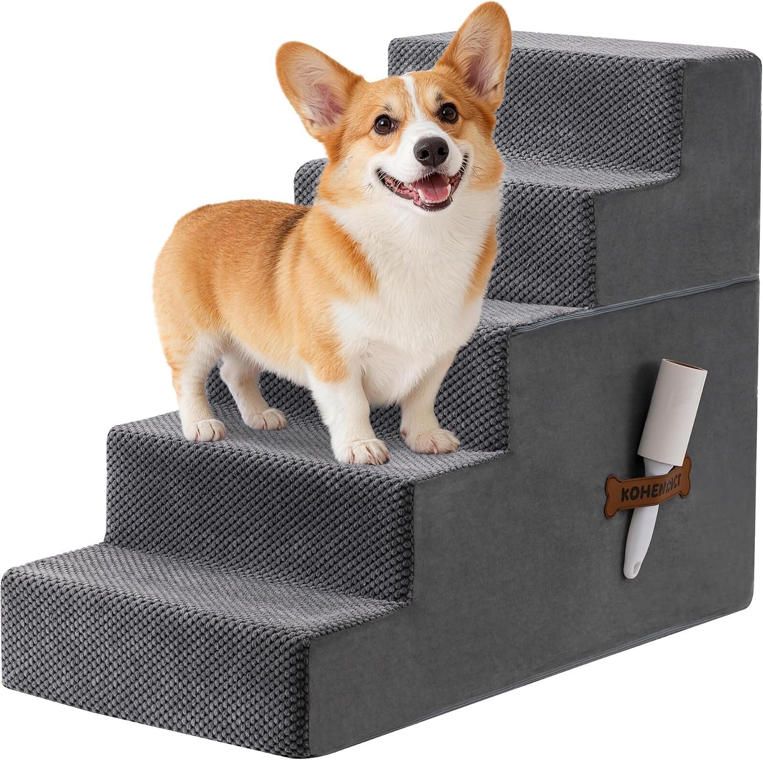 Dog Stairs, Steps and Ramp for High Bed & Sofa, 13-24″ H Detachable Pet Stairs for Small Medium Dogs, Sturdy 40D Foam, Non-Slip, Washable Cover with Lint Roller, Grey