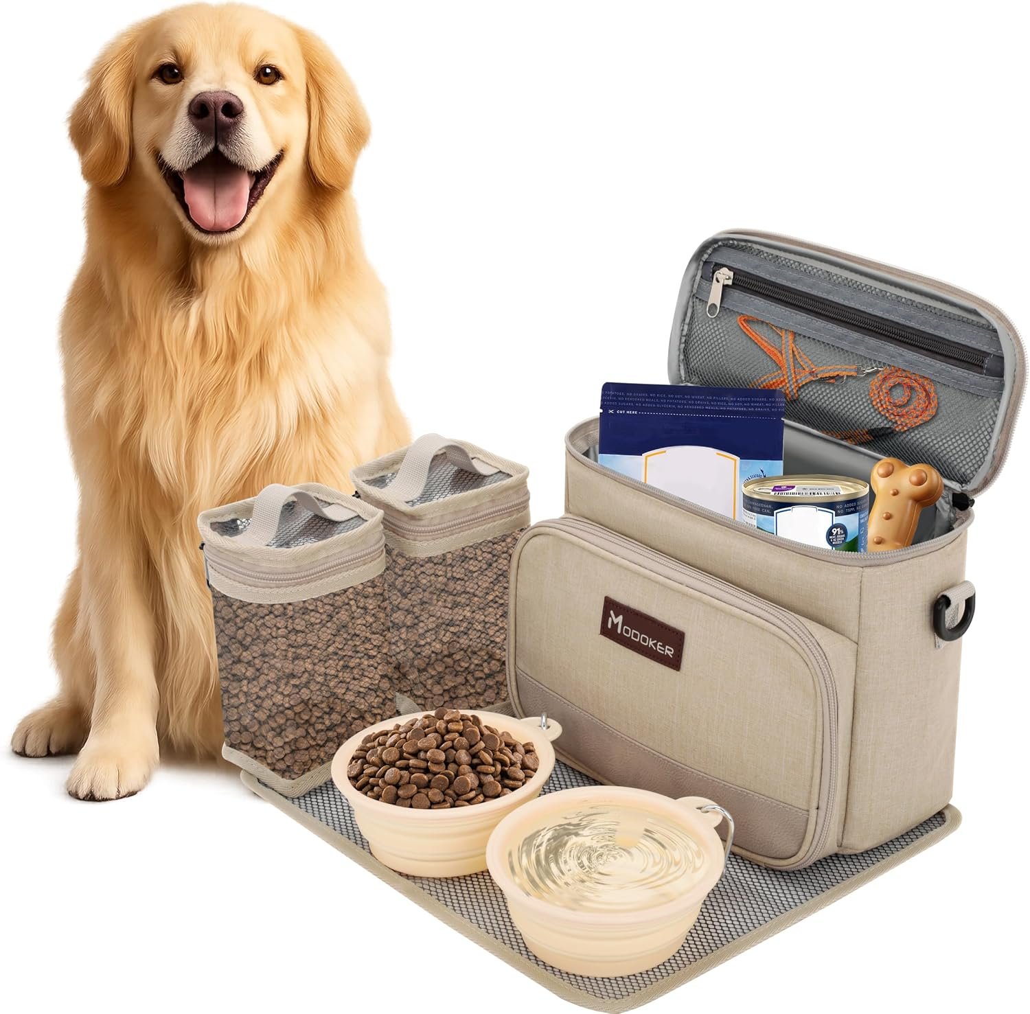 Modoker Compact Dog Travel Bag Set with 2 Bowls and Food Bags, 7.6L Beige
