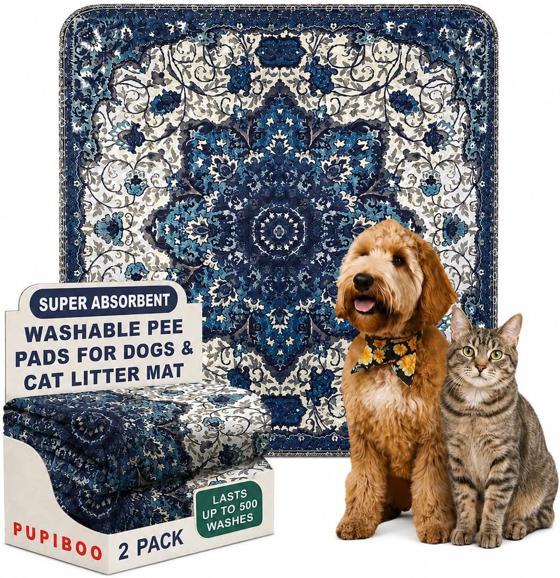 PUPIBOO Washable Pee Pads for Dogs and Cats – Super Absorbent Reusable Puppy Training Pads – 100% Waterproof, Leak-Proof & Non-Slip Whelping Pads for Pet Housebreaking