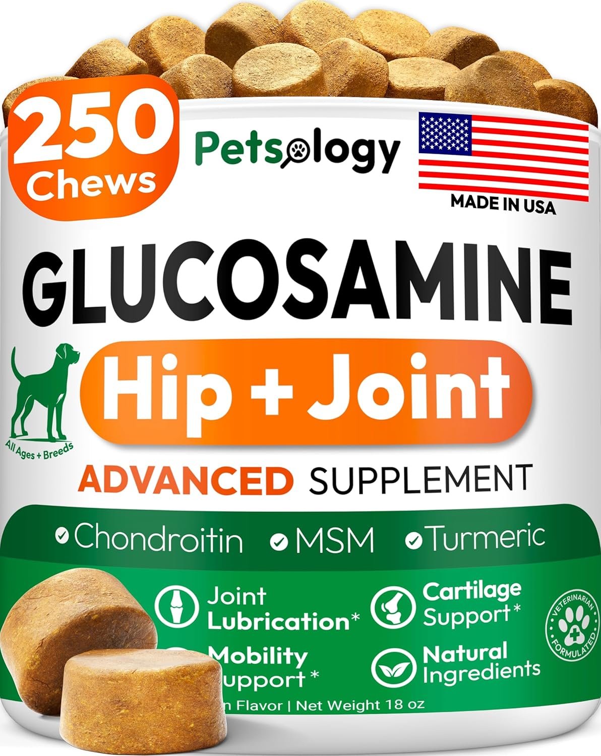 Glucosamine for Dogs – 250 Chews with Chondroitin, Hip and Joint Supplement
