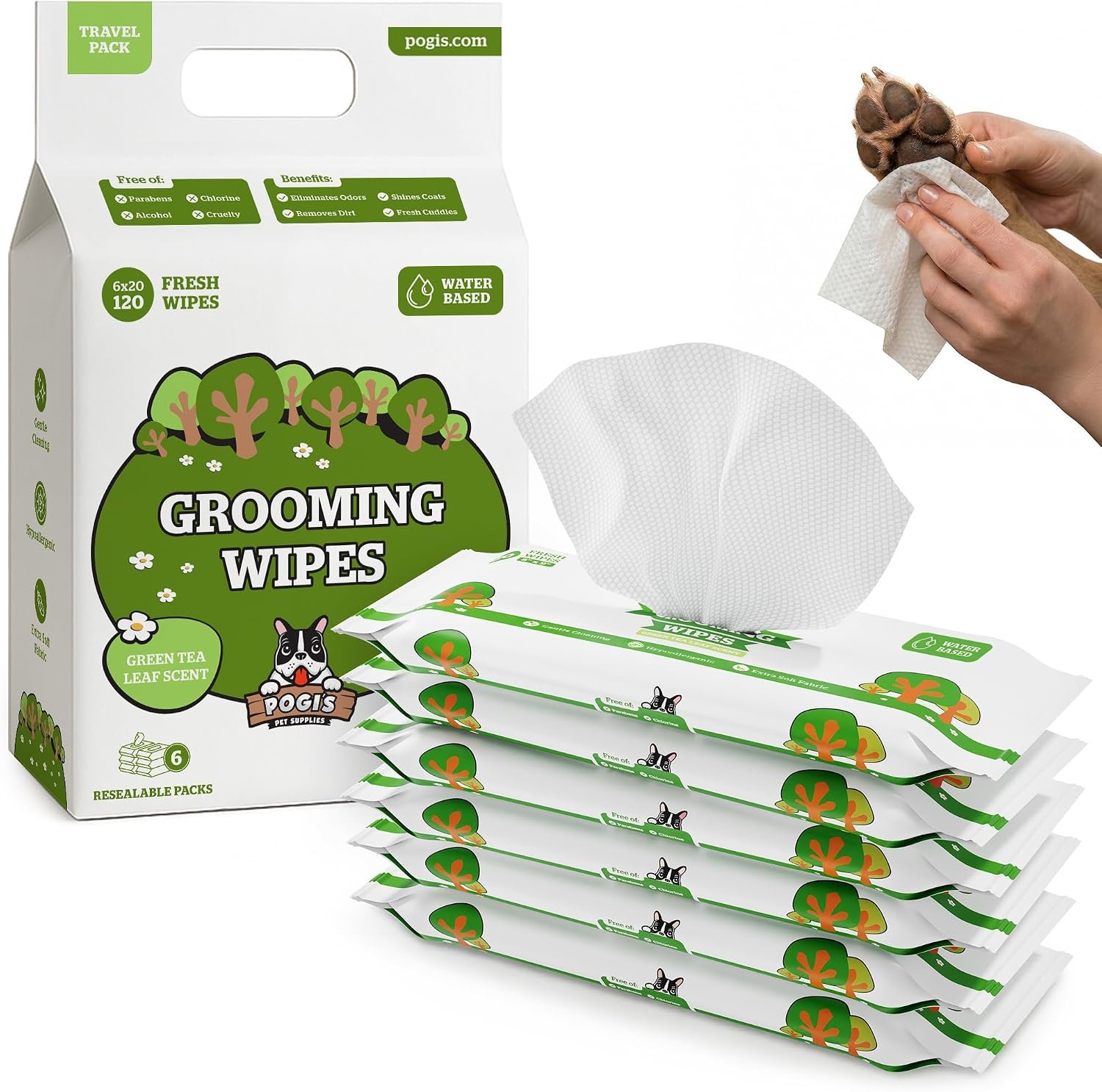 Pogi’s Dog Wipes for Travel, Paws & Butt, Green Tea Scent, 6 Packs of 20