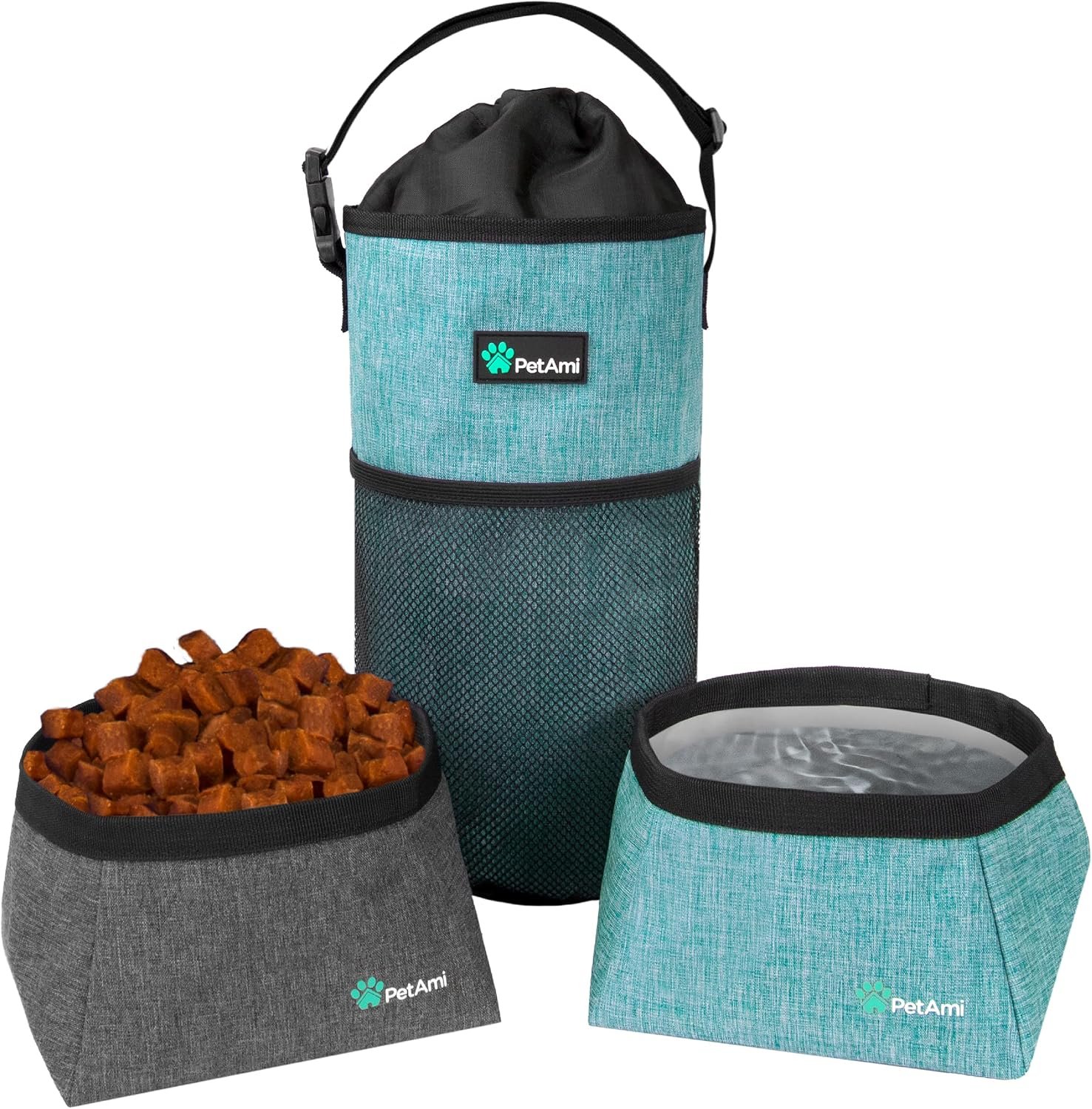 PetAmi Travel Dog Food Bag w/2 Collapsible Bowls, Waterproof Set, Sea Blue