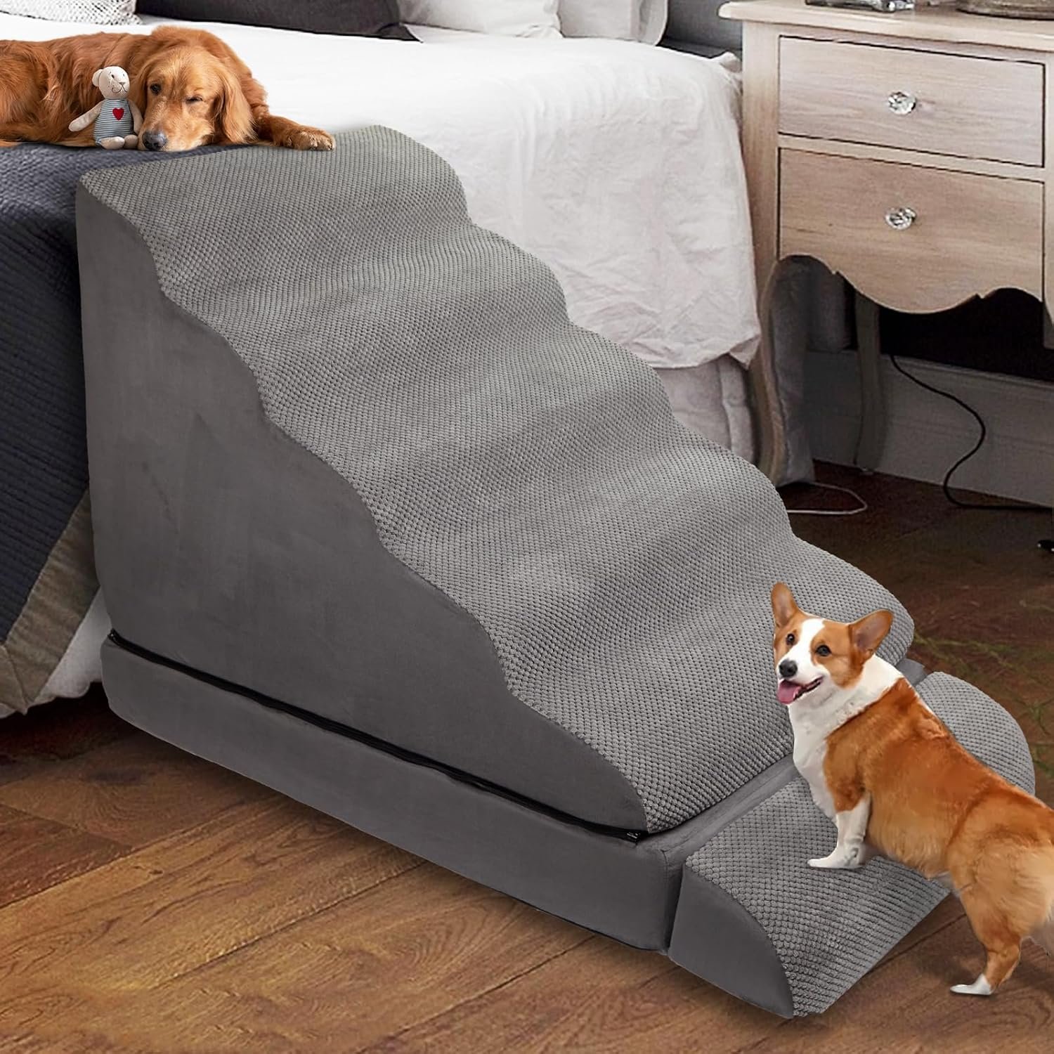 Dog Stairs for High Beds, 6-Step Foam Pet Stairs, 30″ Tall, 3-in-1