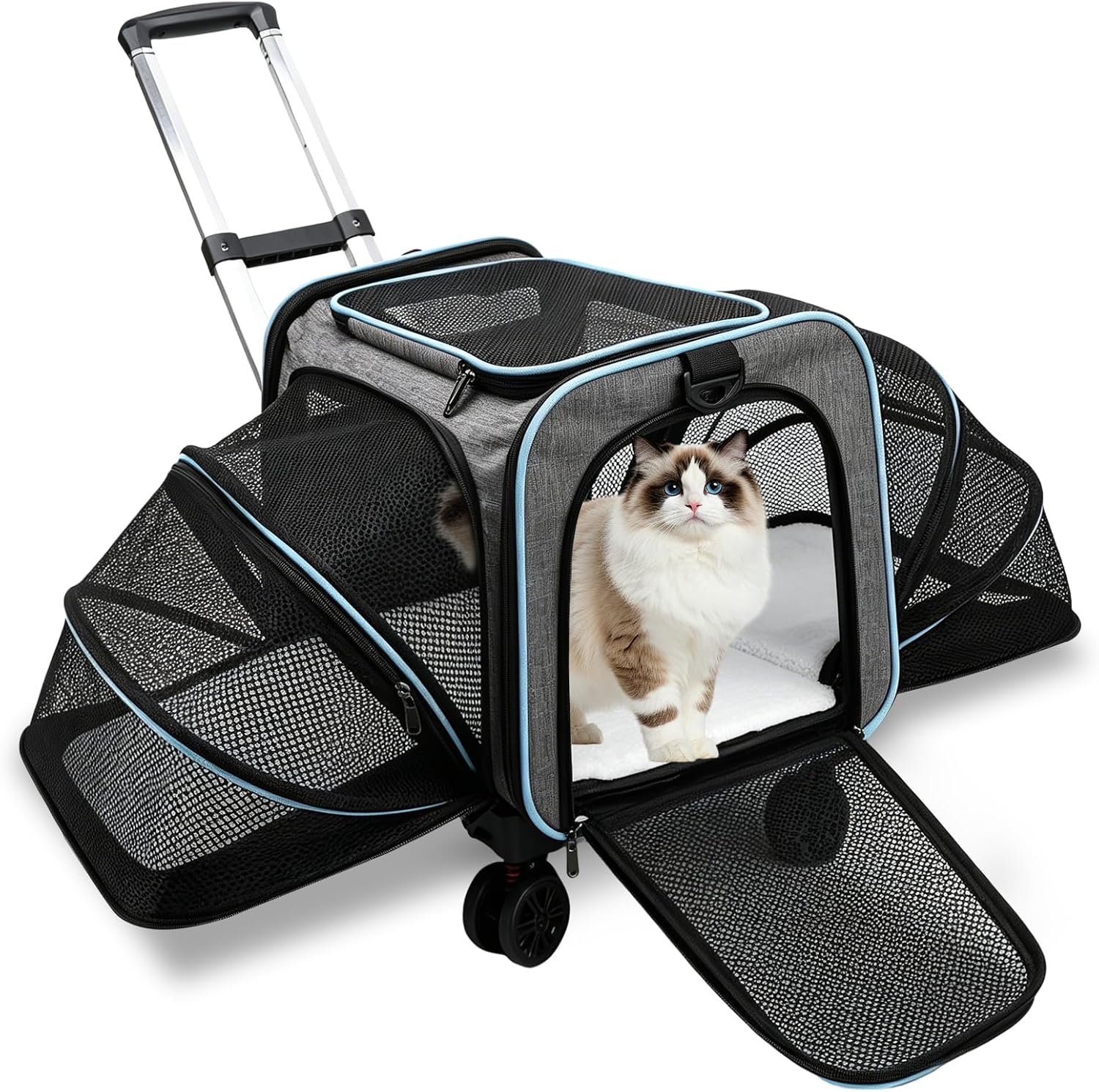 Pet Carrier On Wheels – Airline Approved Expandable Cat Carrier with Wheels Soft-Side Wheeled Cat Carrier Telescopic Handle, Rolling Pet Travel Bag Carrier for 15lb Small Medium Cats Dogs