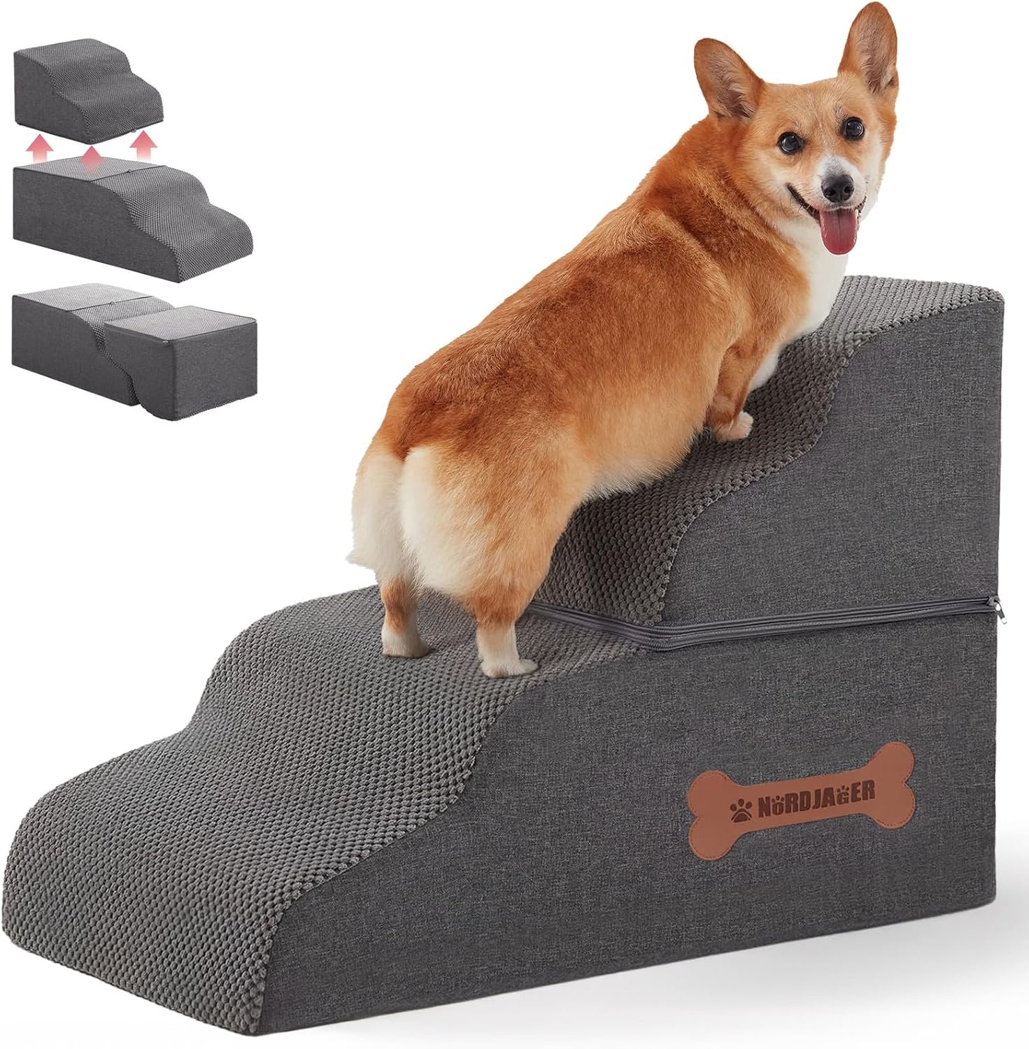 Dog Stairs 4 Steps for Small Dogs and Cats to Get on High Beds, Couch or Car, Pets Can Climb, Sit, Lie Down or Perch to Look Out Windows on The Spliceable Ramp, Provides Support, Grey（19″ H）