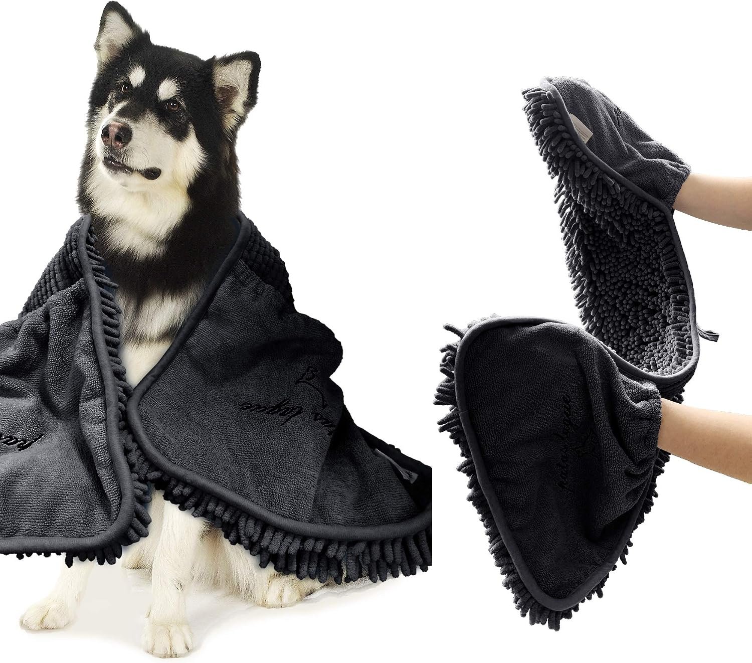 Patas Lague Absorbent Dog Towel for Drying Dogs Large, 35”x15” Extra Large Microfiber Quick Drying Pet Bath Towel with Hand Pockets, Machine Washable Pet Shammy Charcoal