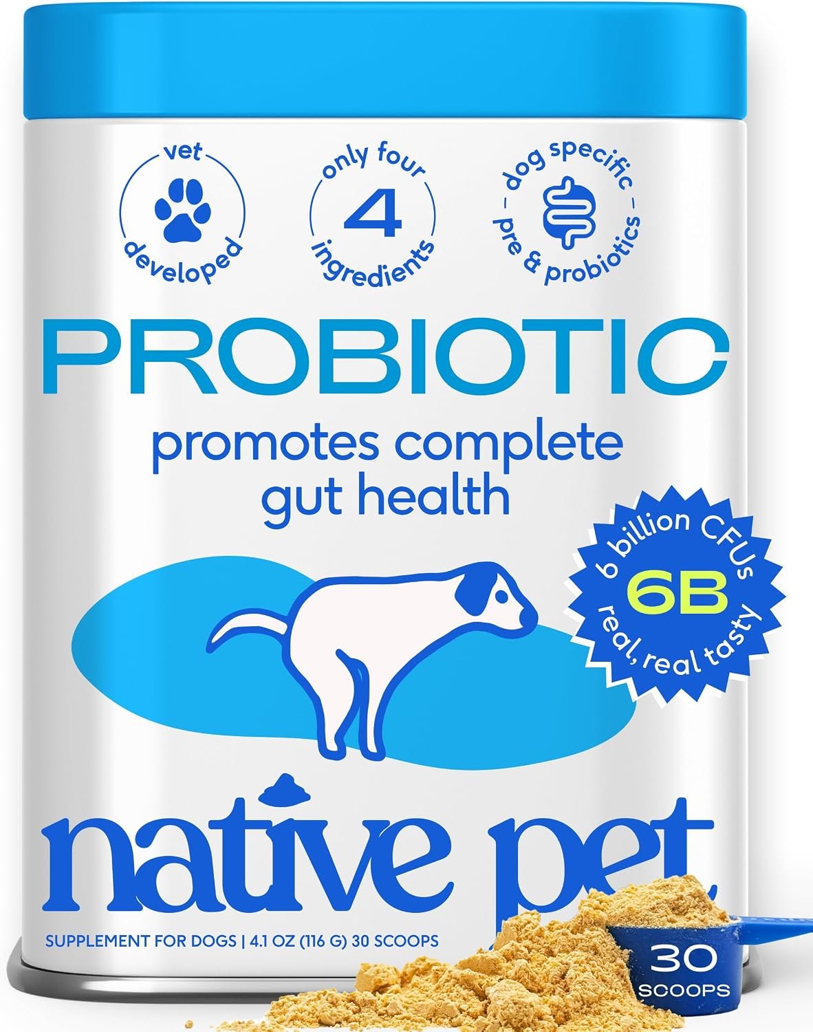 Native Pet Probiotics for Dogs – Dog Probiotic Powder for Gut & Digestive Health, Vet-Formulated 6B CFUs Dog-Specific Probiotic Strains, Supports Stool Quality & Diet Transitions – 30 Scoops