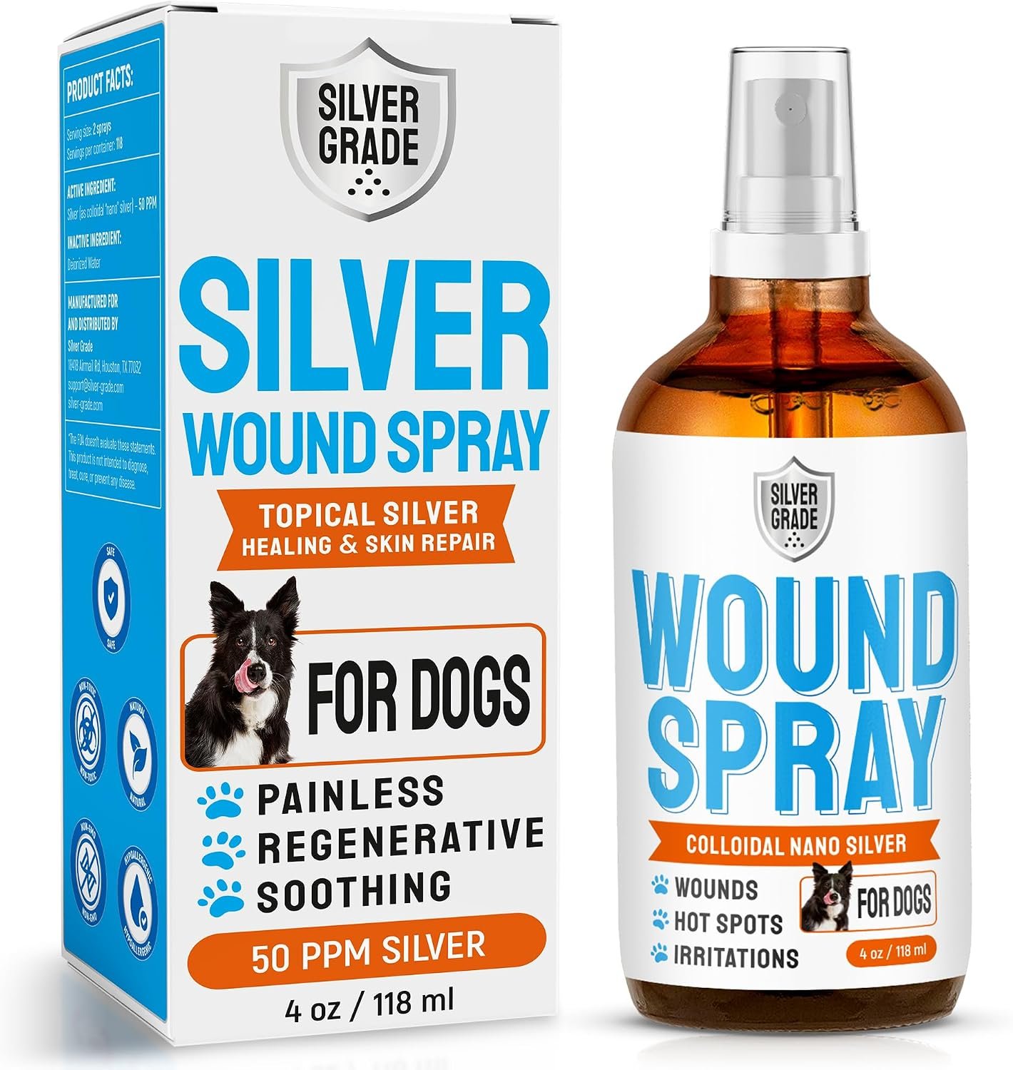 SILVER GRADE Dog Wound Spray Helps with Hot Spots, Irritations, Bites, Burns, Rashes, Itch, Scratching – Better Use with a Dog Cone to Stop Licking – Safe for Large and Small Breeds – 4 oz