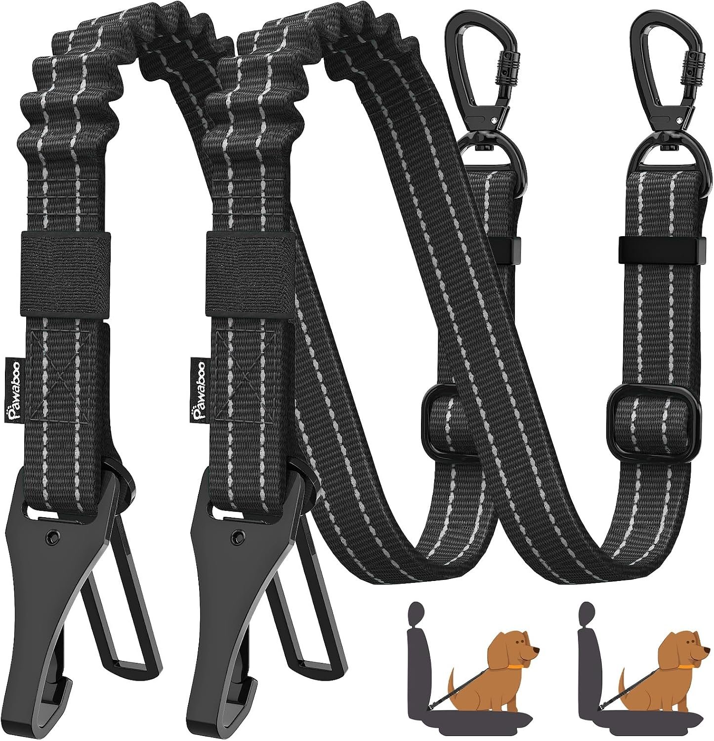 Pawaboo 2Pack Dog Car Seatbelt, 3-in-1 Dog Tether with Buckle & Hook Latch