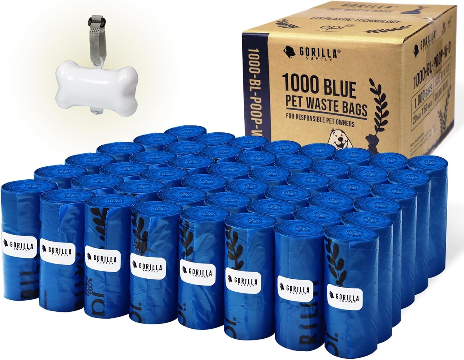 GORILLA SUPPLY 1000 Dog Poop Waste Bags with Dispenser and Leash Tie, 9″ x 13″, Blue, 1000 Count